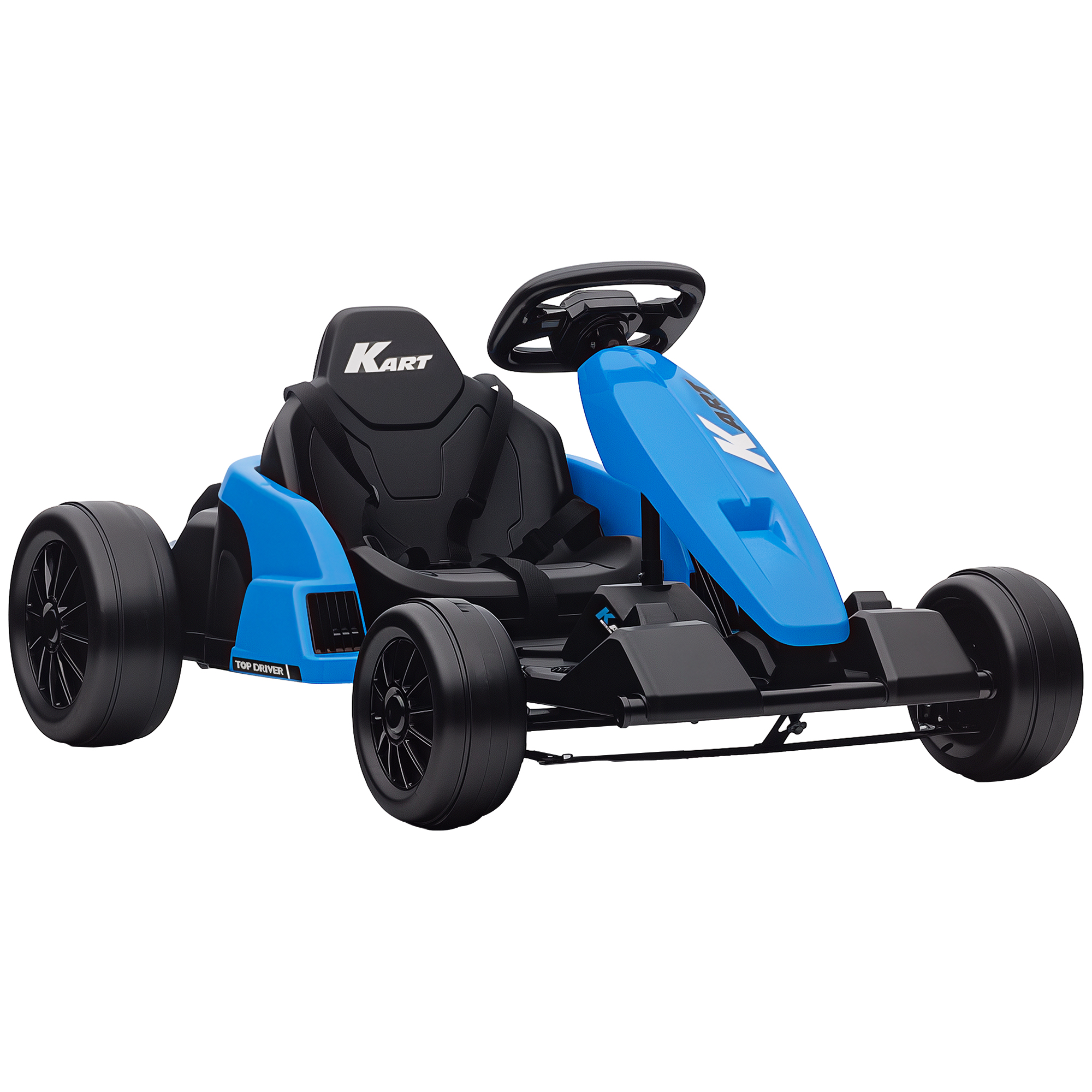 24 V elektriskais gokarts, drifta režīms, regulējams sēdeklis, 5 punktu drošības jostas, mūzikas funkcija, 6-12 gadi, zils