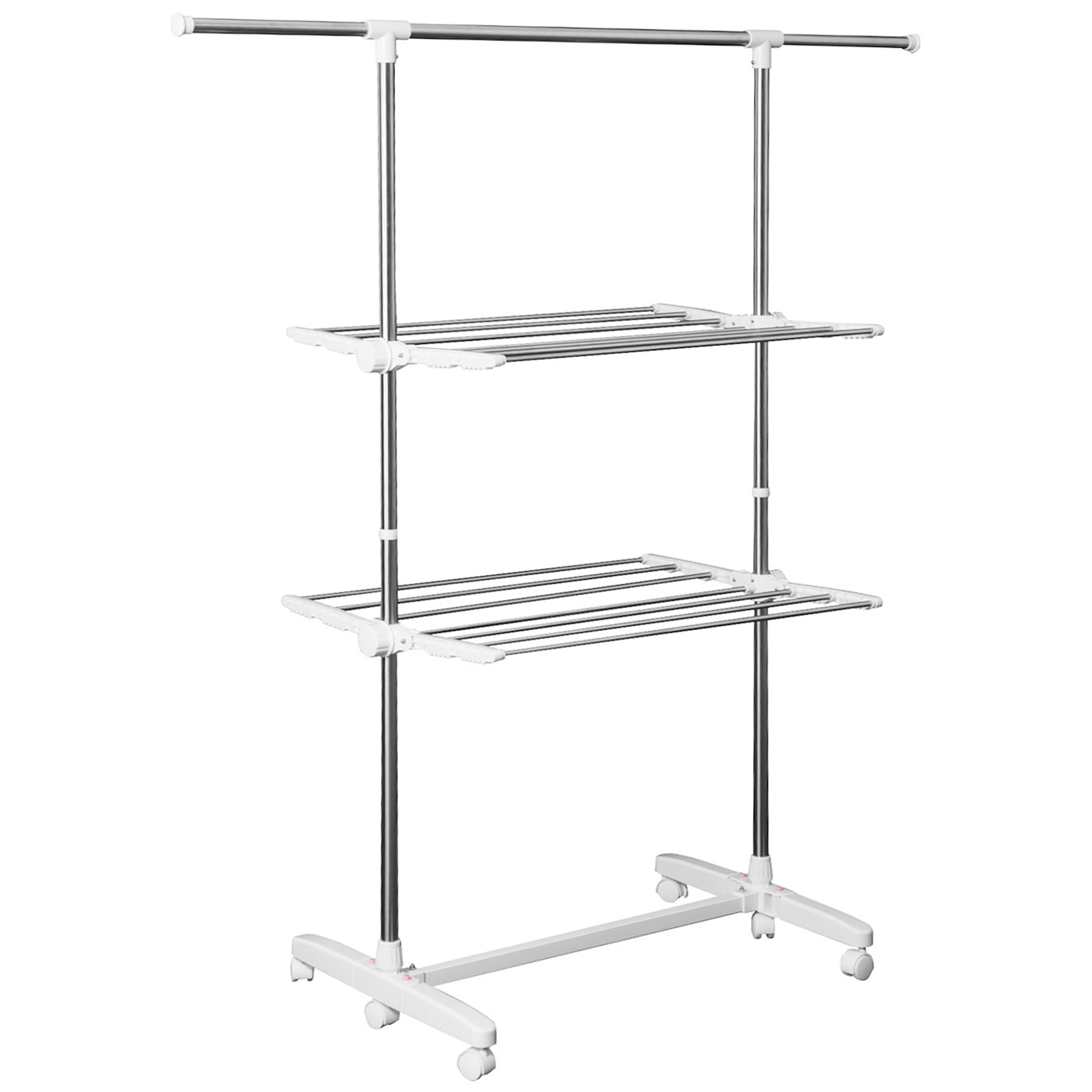 Izvelkams torņa formas drēbju žāvēšanas statīvs ar 3 līmeņiem, salokāmiem spārniem, riteņiem, 154 cm, balts
