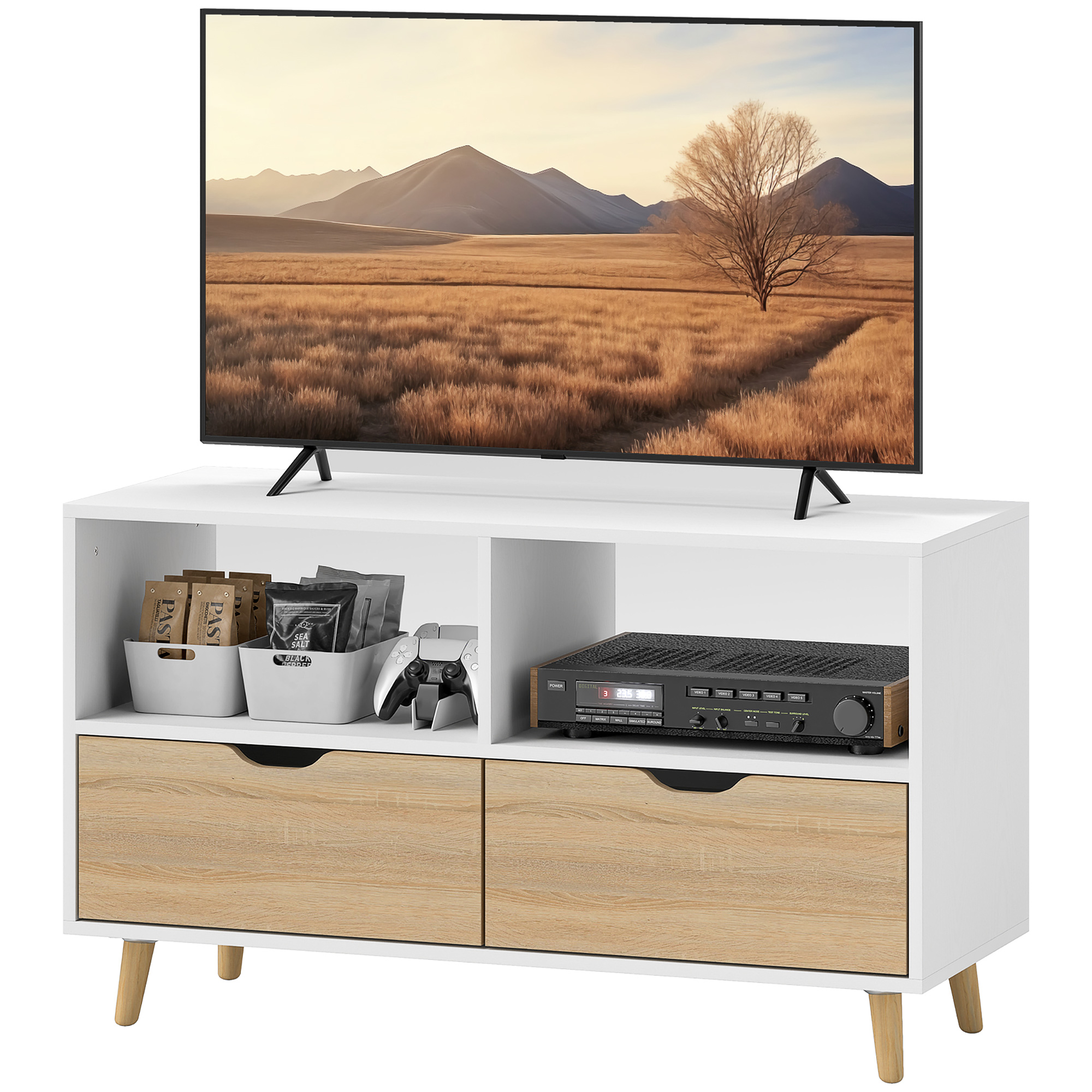 TV skapītis, TV kumode ar atvilktnēm, atvērti plaukti, koks, 99 x 39 x 58 cm, balts