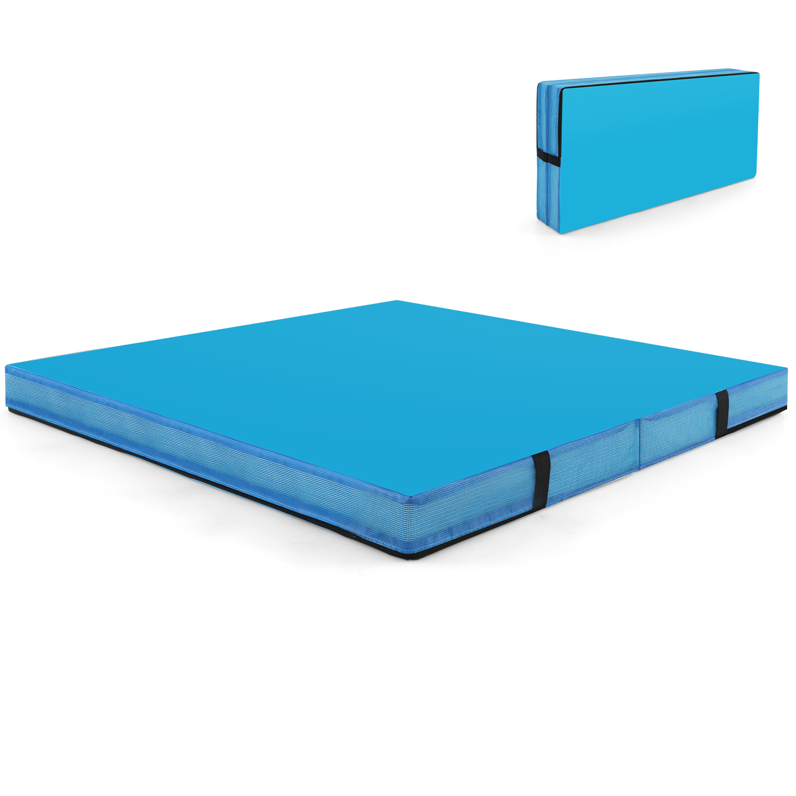 1,2 m x 1,2 m x 10 cm saliekams vingrošanas paklājiņš ar rokturiem un pārvalku - zils