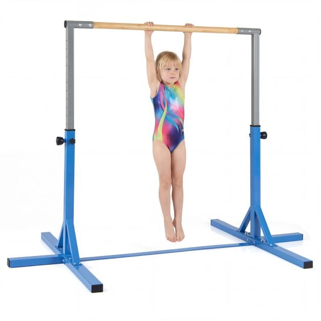 12-le kõrgusele reguleeritav horisontaalne võimlemiskang (85–145 cm), stabiilne turnimispukk koduseks treeninguks (kuni 150 kg), sinine