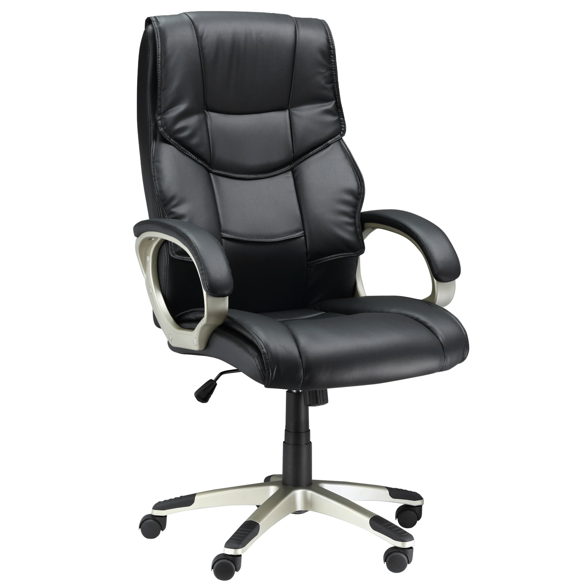 Biroja krēsls, vadītāja krēsls ar šūpošanās funkciju, rakstāmgalda krēsls, ergonomisks grozāmais krēsls, sporta sēdeklis, augsta atzveltne, melns, mākslīgā āda, metāls, 70 x 58 x 114–124 cm