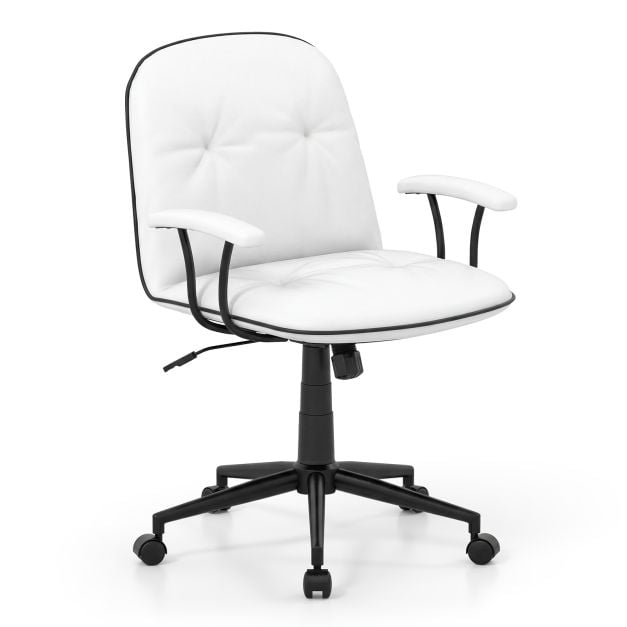 Ergonomisks biroja krēsls, mākslīgās ādas rakstāmgalda krēsls ar polsterētiem roku balstiem un platu sēdekli, balts