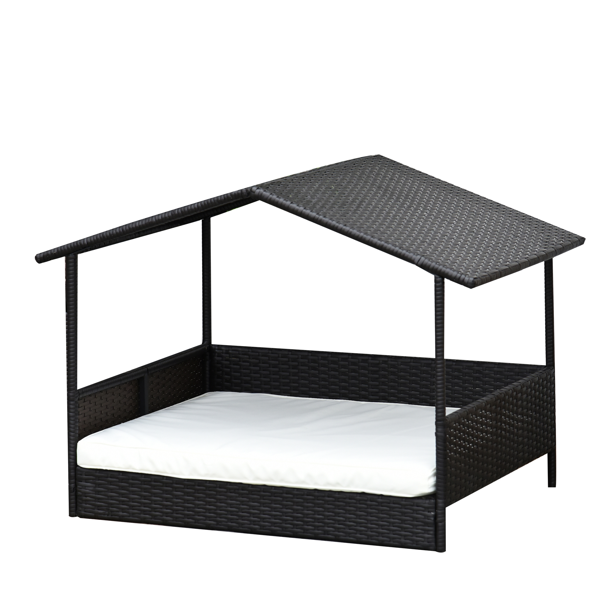 Rotangpalmas āra suņu gulta ar nojumi, paaugstināta suņu gulta 69 x 98 x 70 cm, dzesējoša mājdzīvnieku gulta ar metāla rāmi, noņemami spilveni, mājdzīvnieku gulta maziem un vidējiem suņiem, kafijas brūna