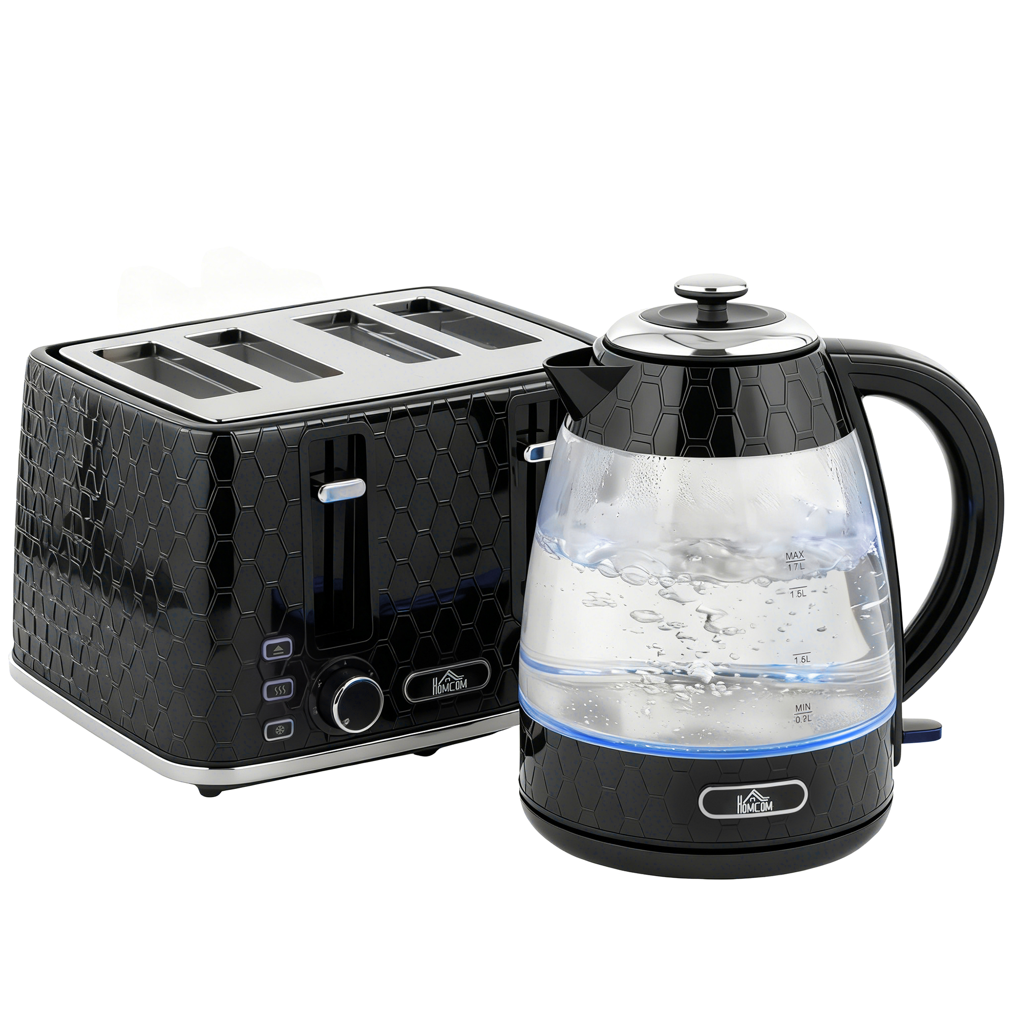 1,7 l 2200 W ātrvārāmā tējkanna un 4 šķēļu tosters ar kaļķakmens filtru, melns