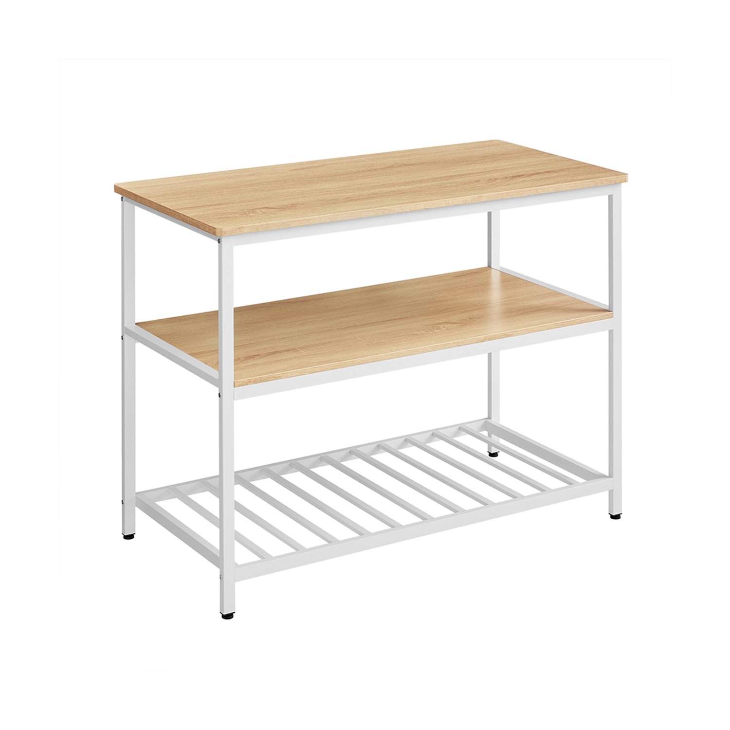 Virtuves plaukts ar lielu darba virsmu – 3 līmeņu, tērauda rāmis, 60 × 120 × 90 cm, ozolkoka baltā krāsā
