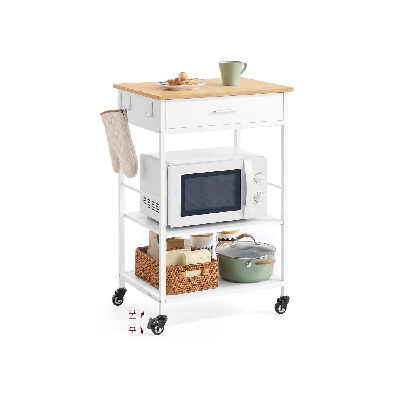 Rullikutel köögikäru ja serveerimiskäru sahtliga mobiilne köögisaar 2 konksuga 47 x 60 x 90 cm