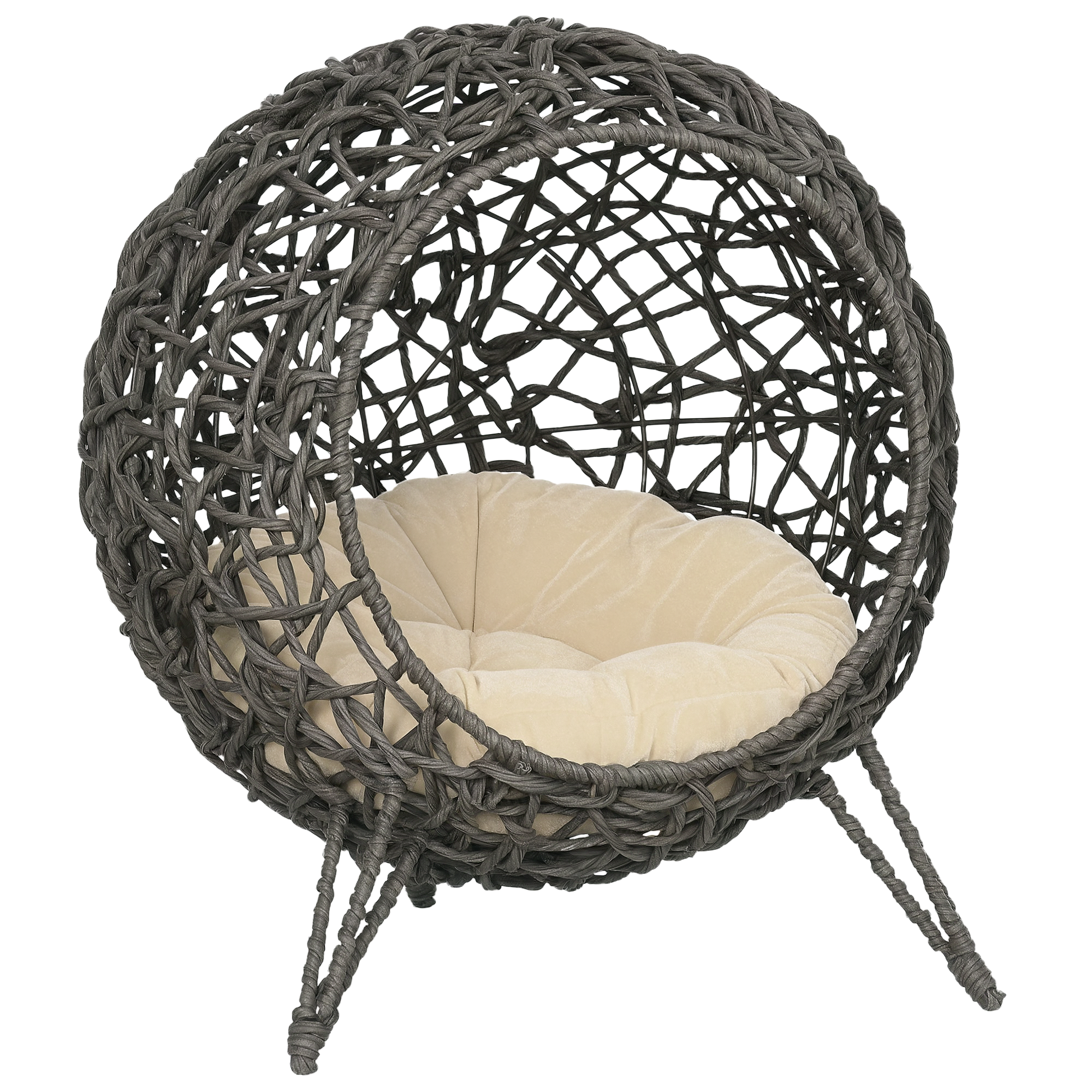Rotangpalmas kaķu mājiņa ar spilvenu, kaķu gulta, kaķu ala ar paceltām kājām, sudrabaini pelēka, Ø52 x 58 cm