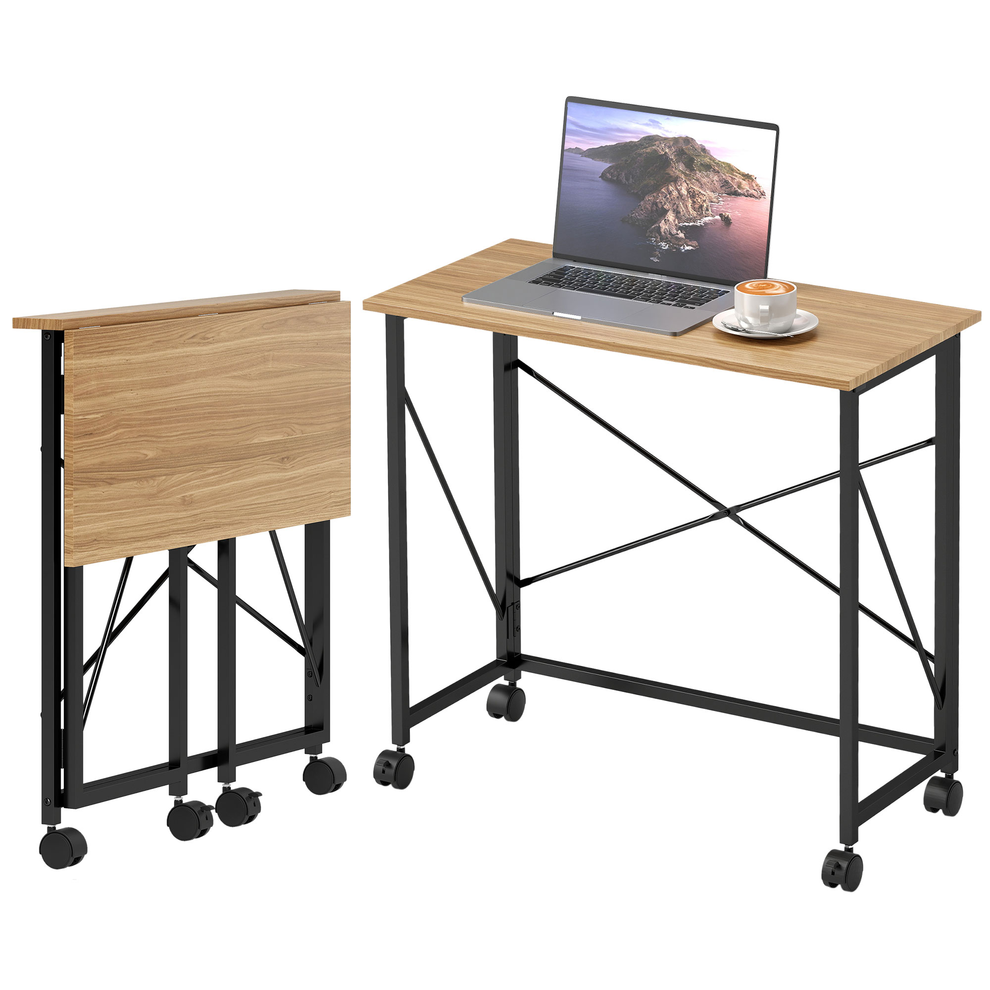 Saliekams rakstāmgalds ar riteņiem, vietu taupošs, tērauds, MDF, ozols