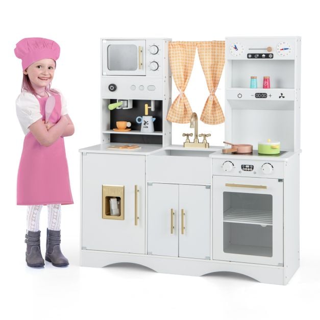 Toiduvalmistamise tarvikute ja mikrolaineahjuga puidust laste mänguköök ning arendav mängukomplekt (102 x 35 x 110 cm), valge