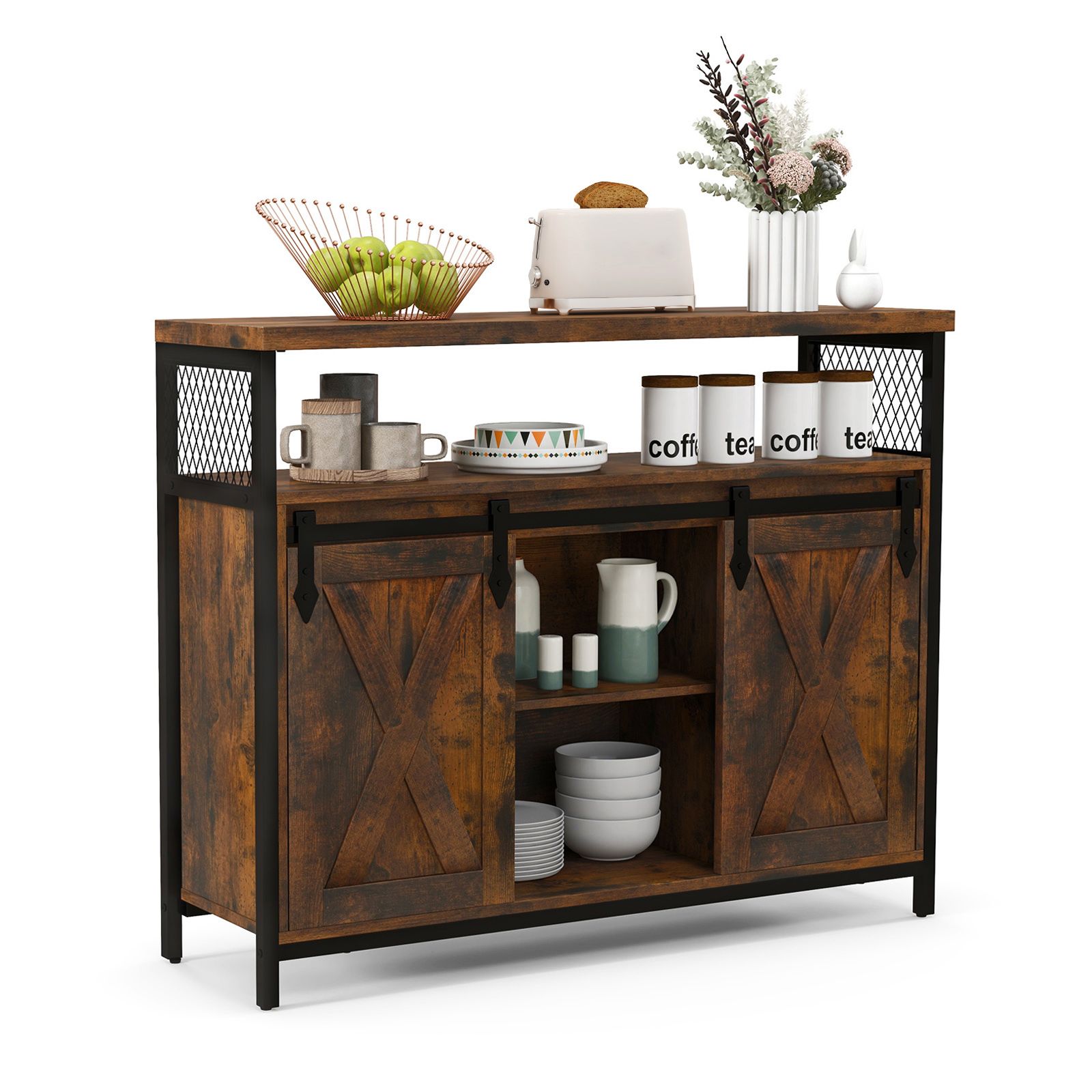 Bufetes skapis ar 3 līmeņu regulējamiem plauktiem un 2 bīdāmām šķūņa durvīm - rustikāli brūns