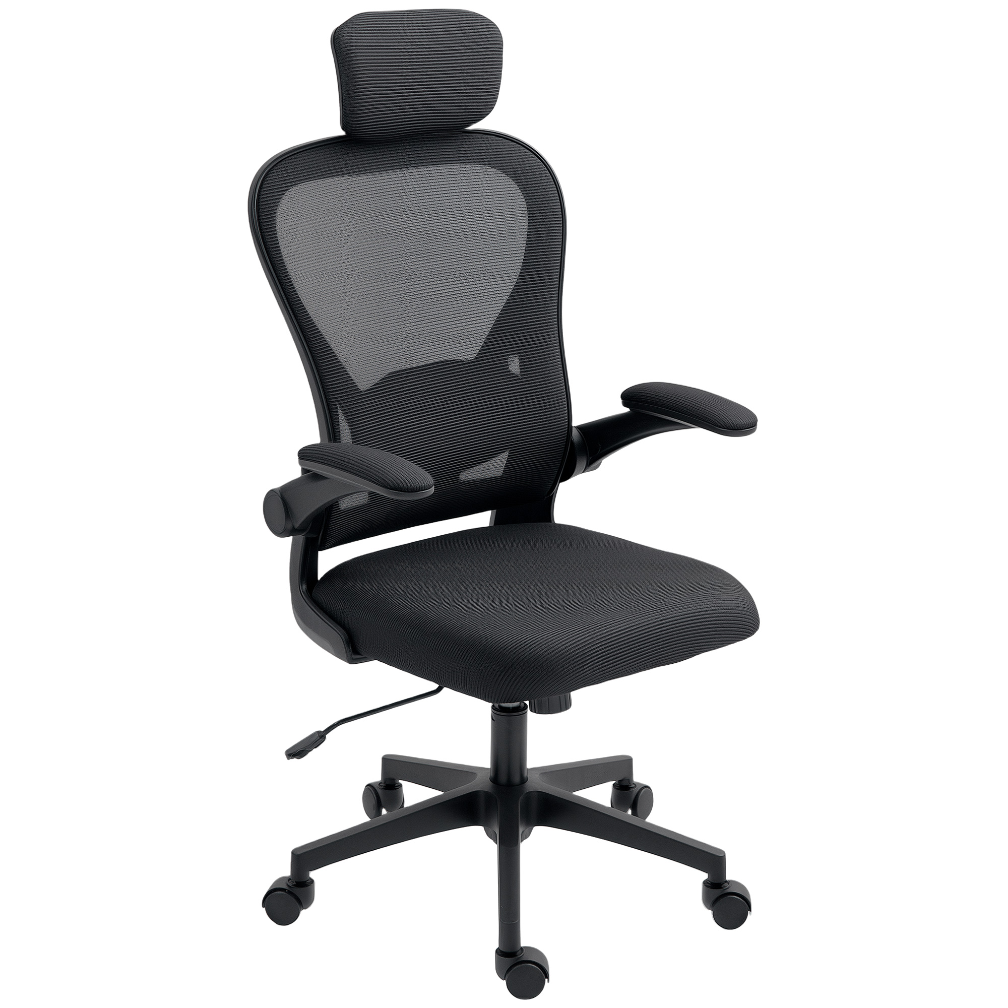 Ergonomisks biroja krēsls ar paceļamiem roku balstiem un regulējamu jostasvietas atbalstu, melns