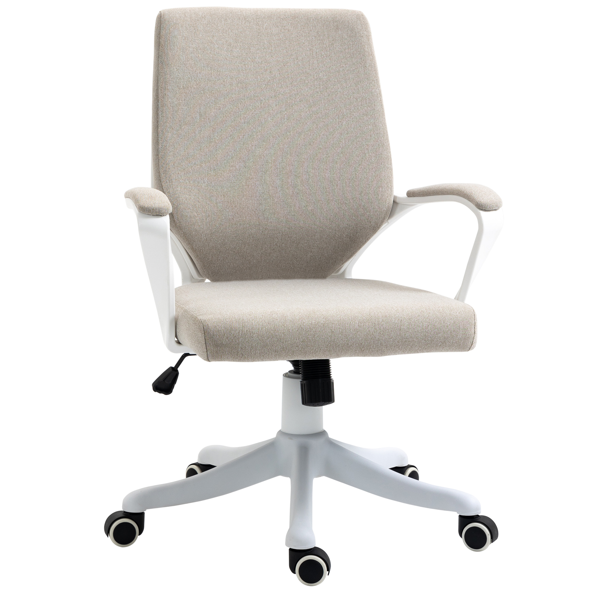 Biroja krēsls, rakstāmgalda krēsls, mājas biroja krēsls ar šūpošanās funkciju, augstumā regulējams atzveltnes, biezi polsterēts, ergonomisks, 360° grozāmi riteņi, poliesters, neilons, PP, bēša+balta, 62x69x92-100 cm