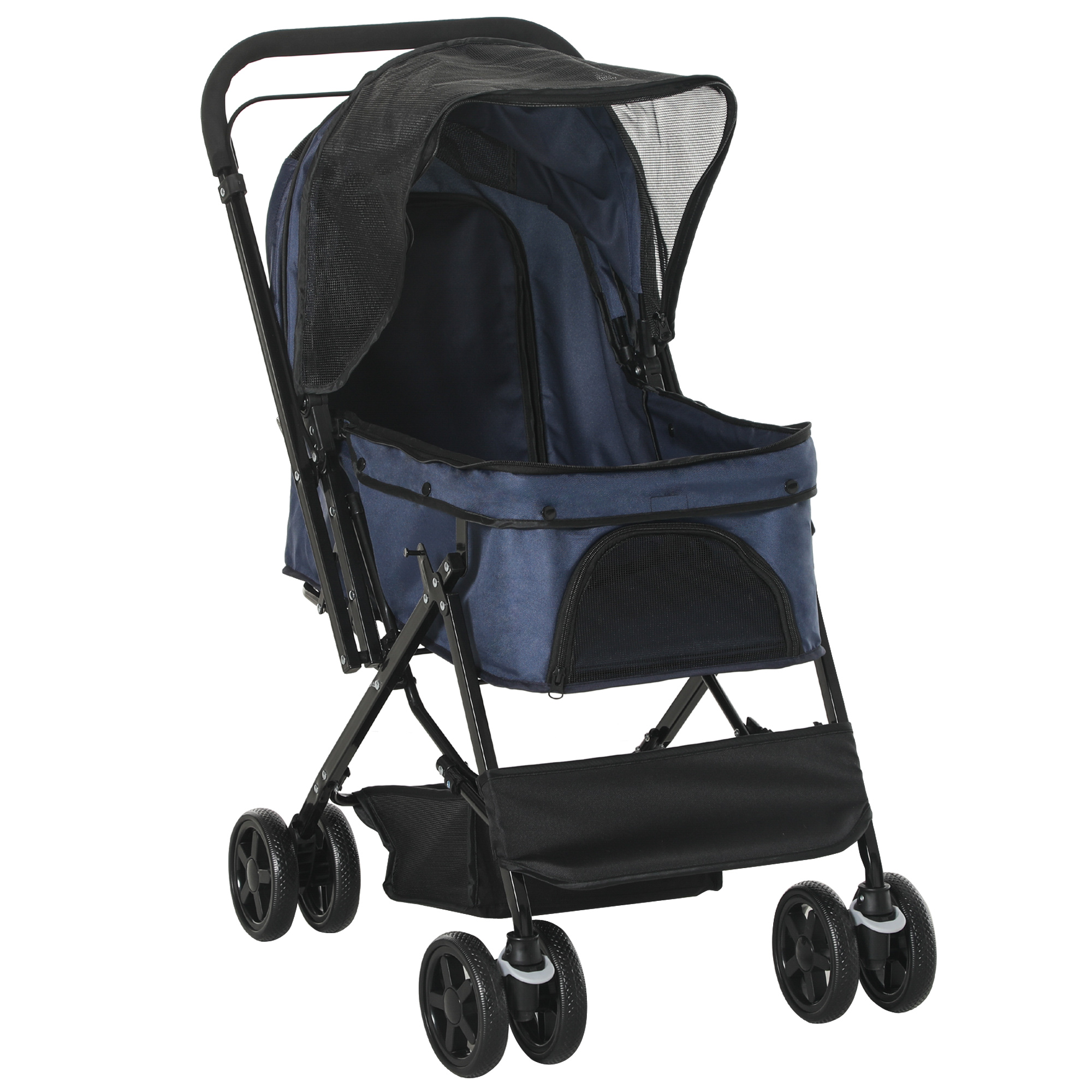 Suņu ratiņi/suņu buggy līdz 10 kg, regulējams jumts, salokāms, grīdas grozs, 2 bremzes, drošības pavada, zili