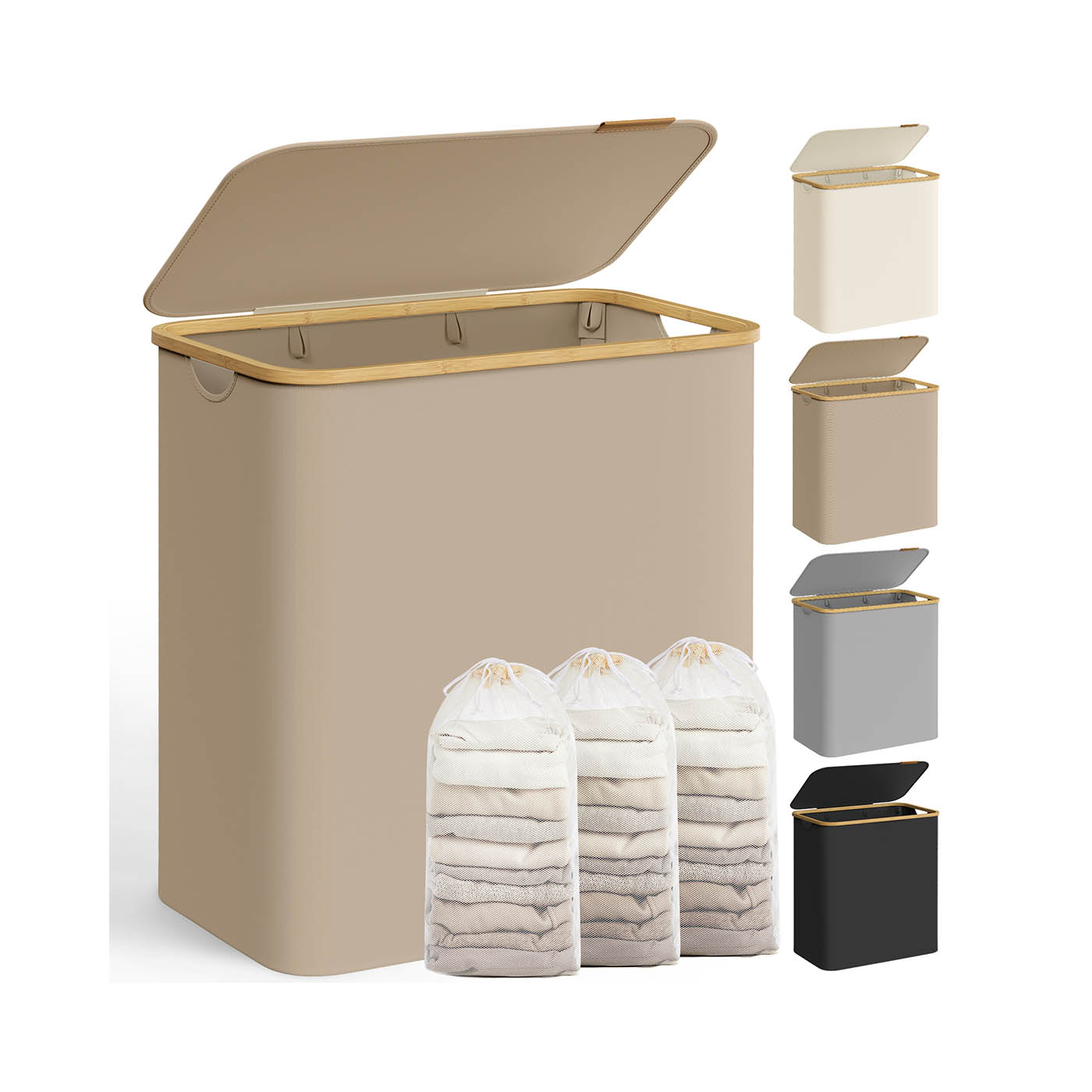 Veļas grozs 150 L ar vāku un 3 sekcijām 60 x 38,5 x 70,5 cm kamieļbrūns