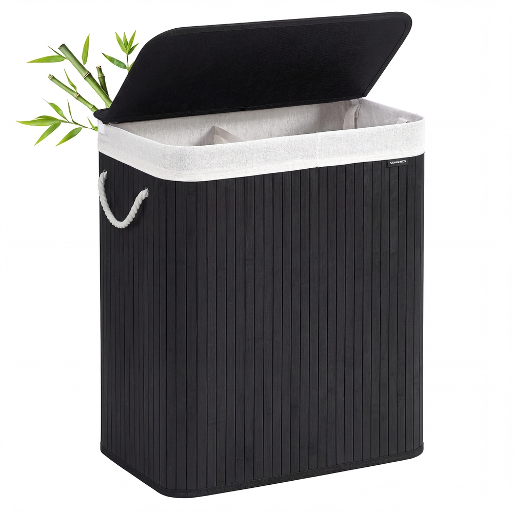 Bambusest pesukorv 100 l 2 sektsiooniga pesusorteerija kokkupandav ja eemaldatava sisekotiga 52 x 63 x 32 cm