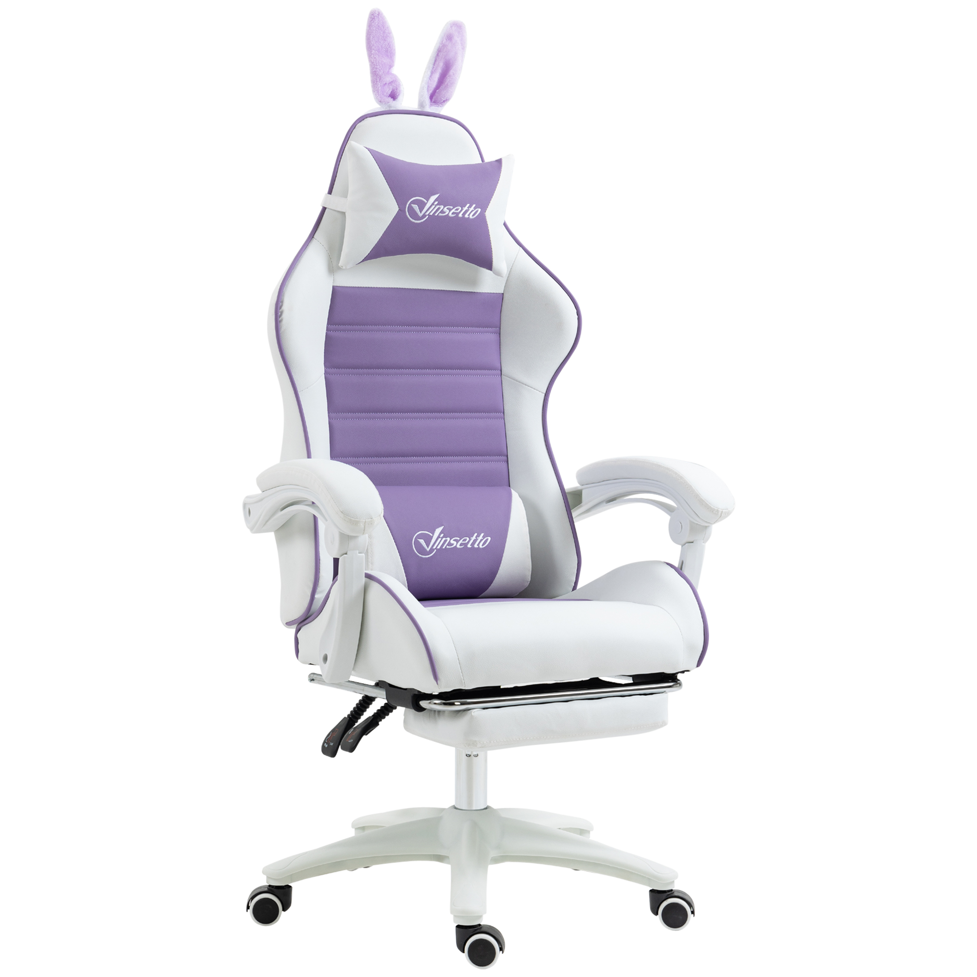 Spēļu krēsls Ergonomisks spēļu krēsls ar jostasvietas atbalstu, kāju balstu, zaķa ausīm, galvas balstu, violets