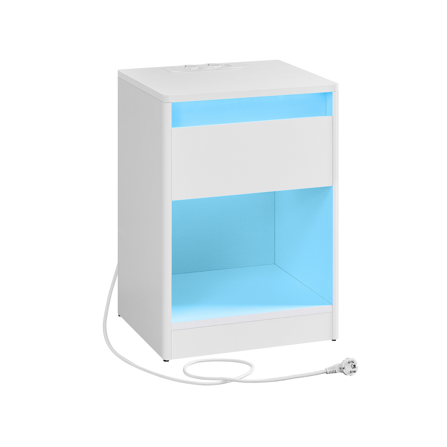 LED-valgustuse ja pistikupesadega öökapp sahtli ja USB-liidestega modernne abilaud