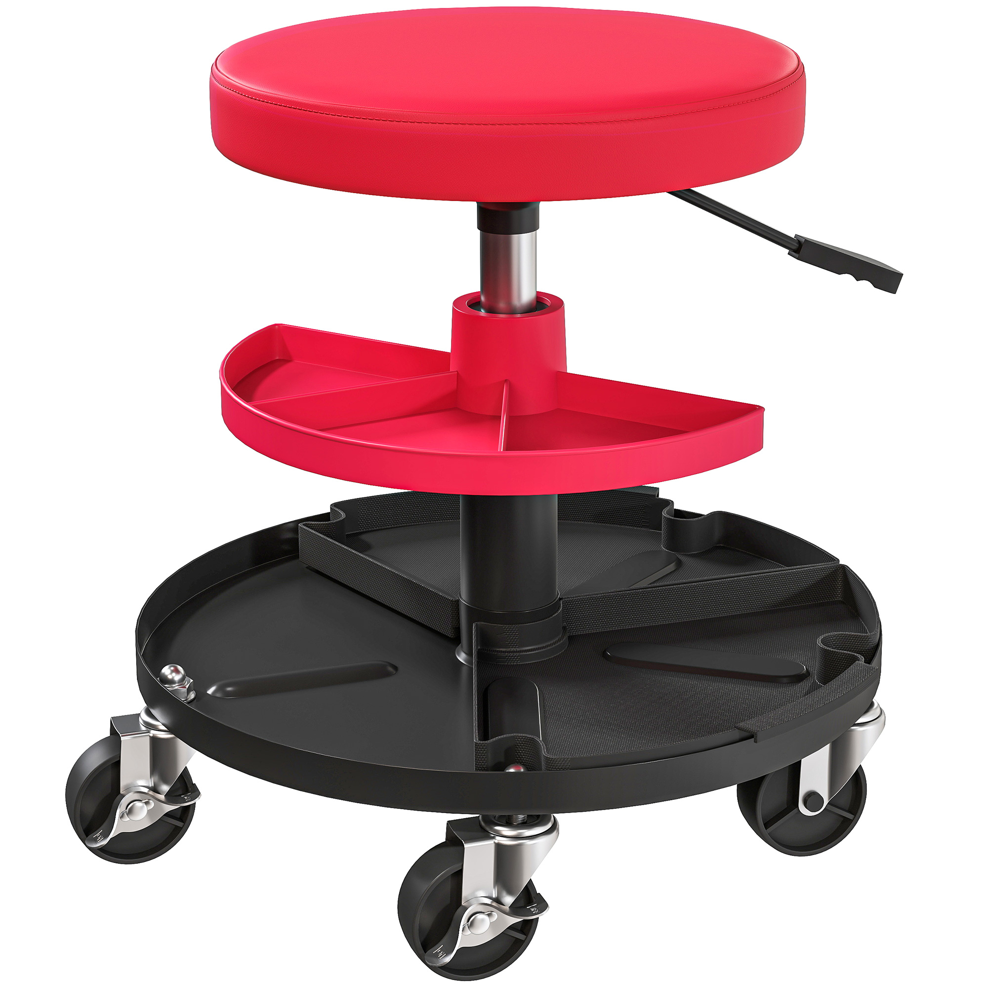 Darbnīcas krēsls ar riteņiem, paplātēm, regulējams augstums 40-51 cm, riteņkrēsls, kravnesība līdz 135 kg, sarkans