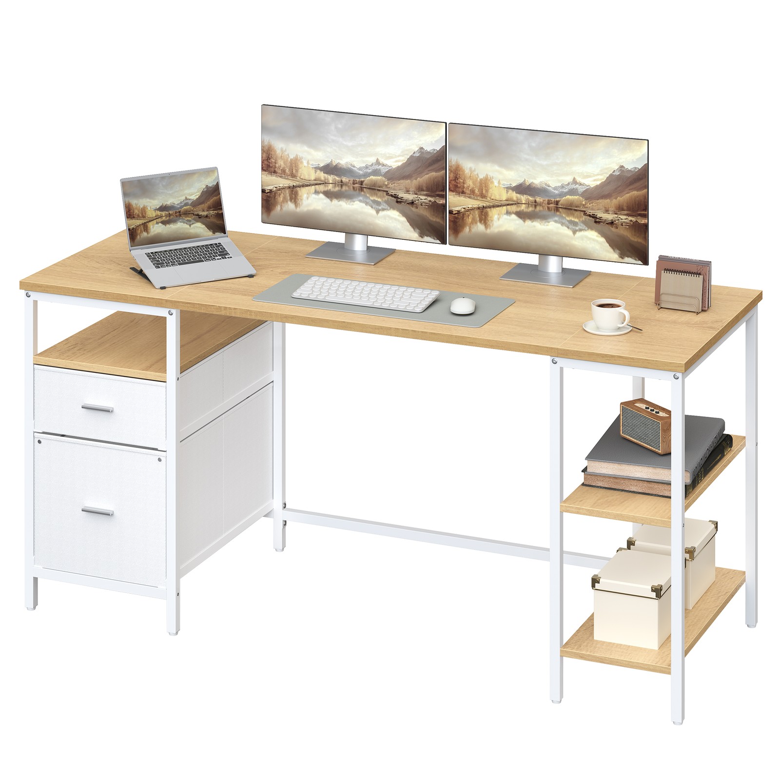 Kirjutuslaud 3 riiuliga kontorilaud 2 sahtliga 160 x 60 x 76 cm