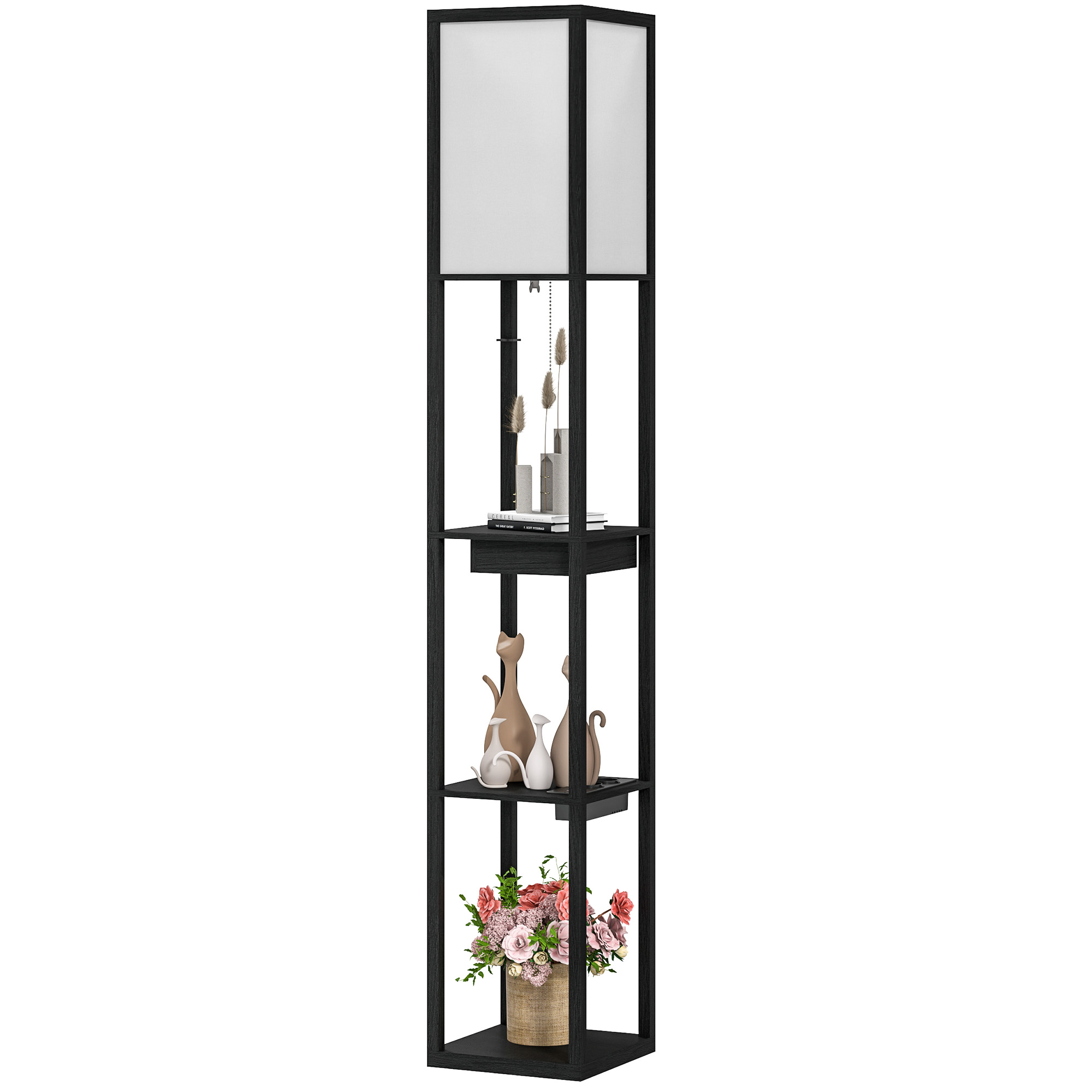 Grīdas lampa ar 3 līmeņu plauktu, kājas slēdzi, USB portiem, MDF, melna