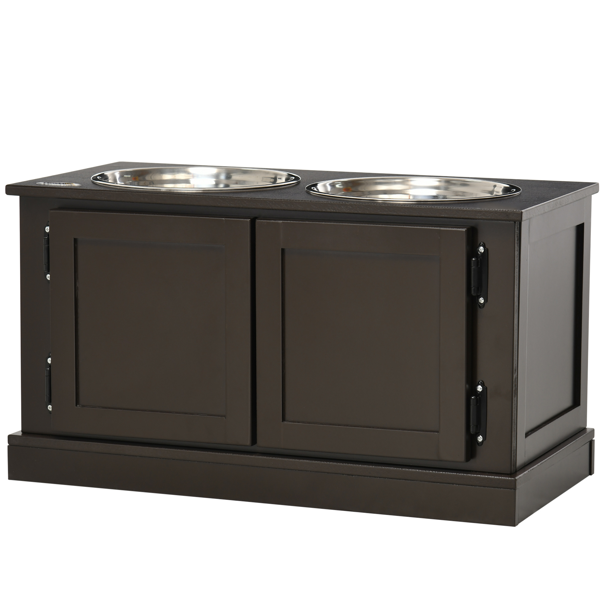 Söötmisjaam kõrgendatud söögikaussidega sh hoiuruum 60 cm x 30 cm x 34 cm pruun + hõbedane