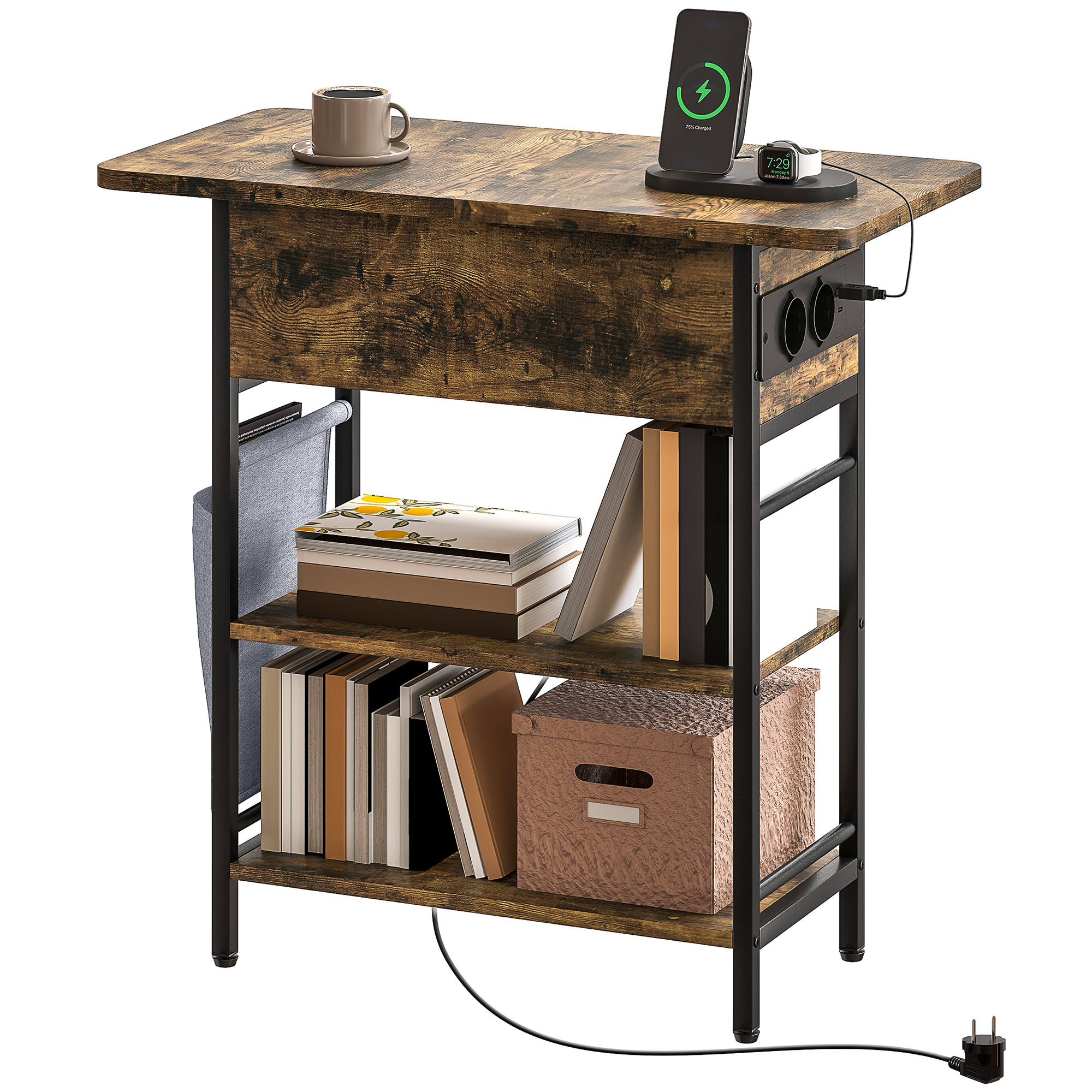 Sānu galdiņš/naktsskapītis ar pagarinātāju, 2 plaukti, USB porti, vieta uzglabāšanai, 60 x 29,8 x 58,5 cm, rustikāli brūns