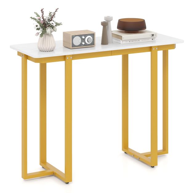 Marmoriefektiga ja elegantse kuldse metallraamiga kitsas konsoollaud ning kaasaegne esikulaud (107 x 40 x 79,5 cm), kuldne