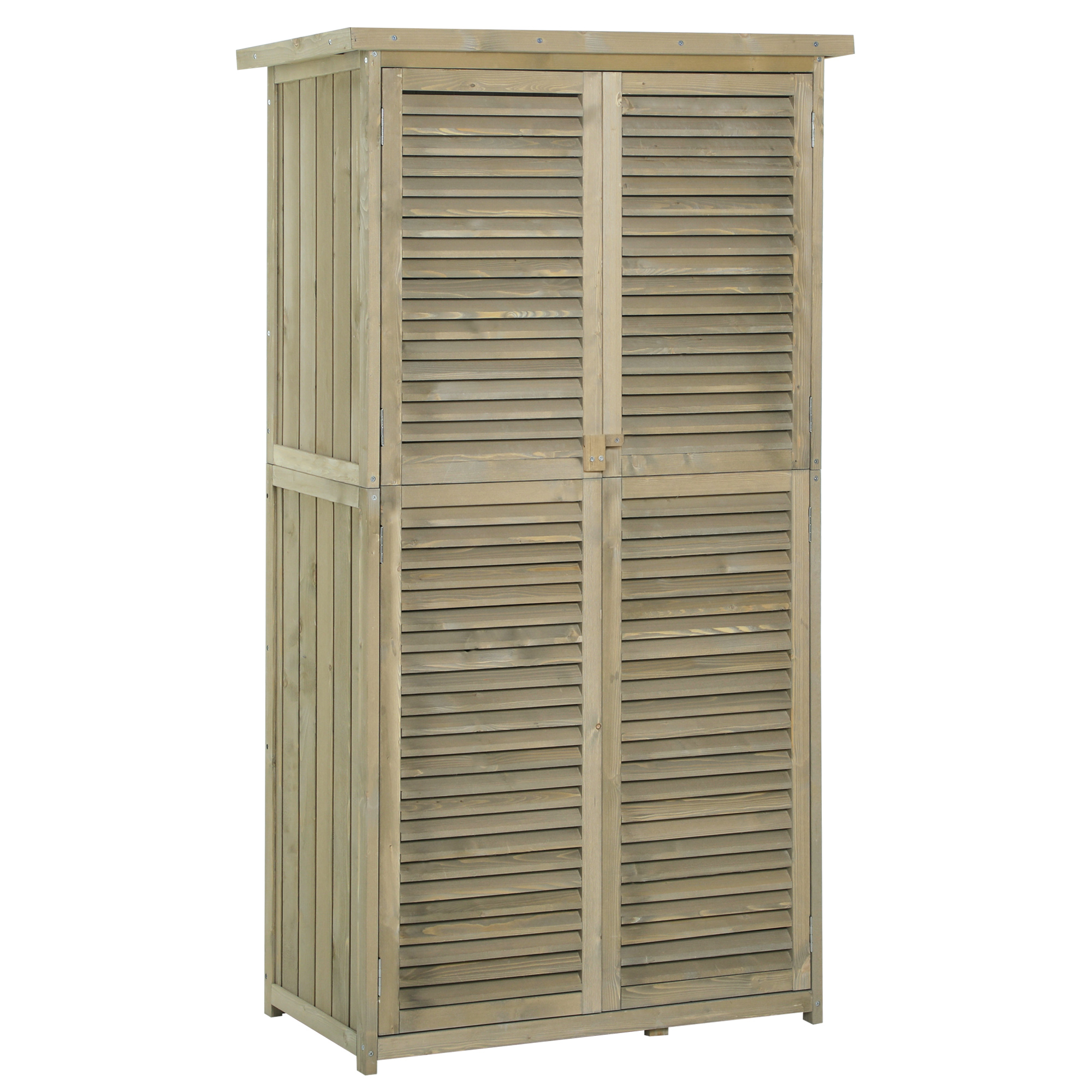 Koka dārza šķūnis ar slīpu asfalta jumtu, aizslēdzamām durvīm, ūdensnecaurlaidīgs un ar brīvu ventilāciju. Koka krāsā. 87 x 46,5 x 160 cm.