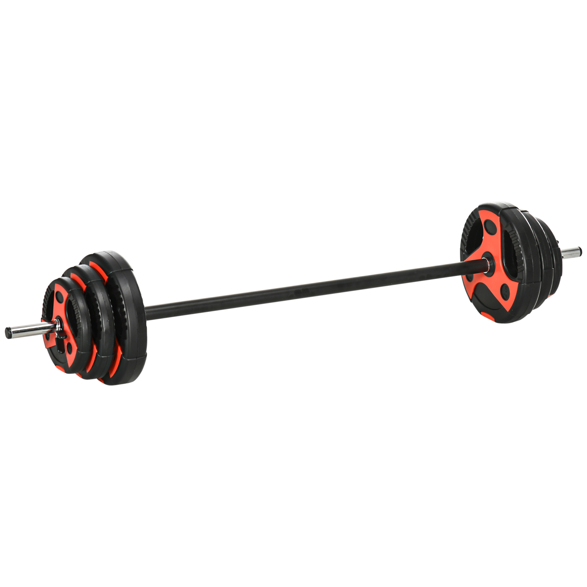 Stieņu komplekts 20 kg, ieskaitot 6 svaru diskus, 2 x 5 kg, 2 x 2,5 kg, 2 x 1,25 kg, neslīdošs rokturis, melns + sarkans