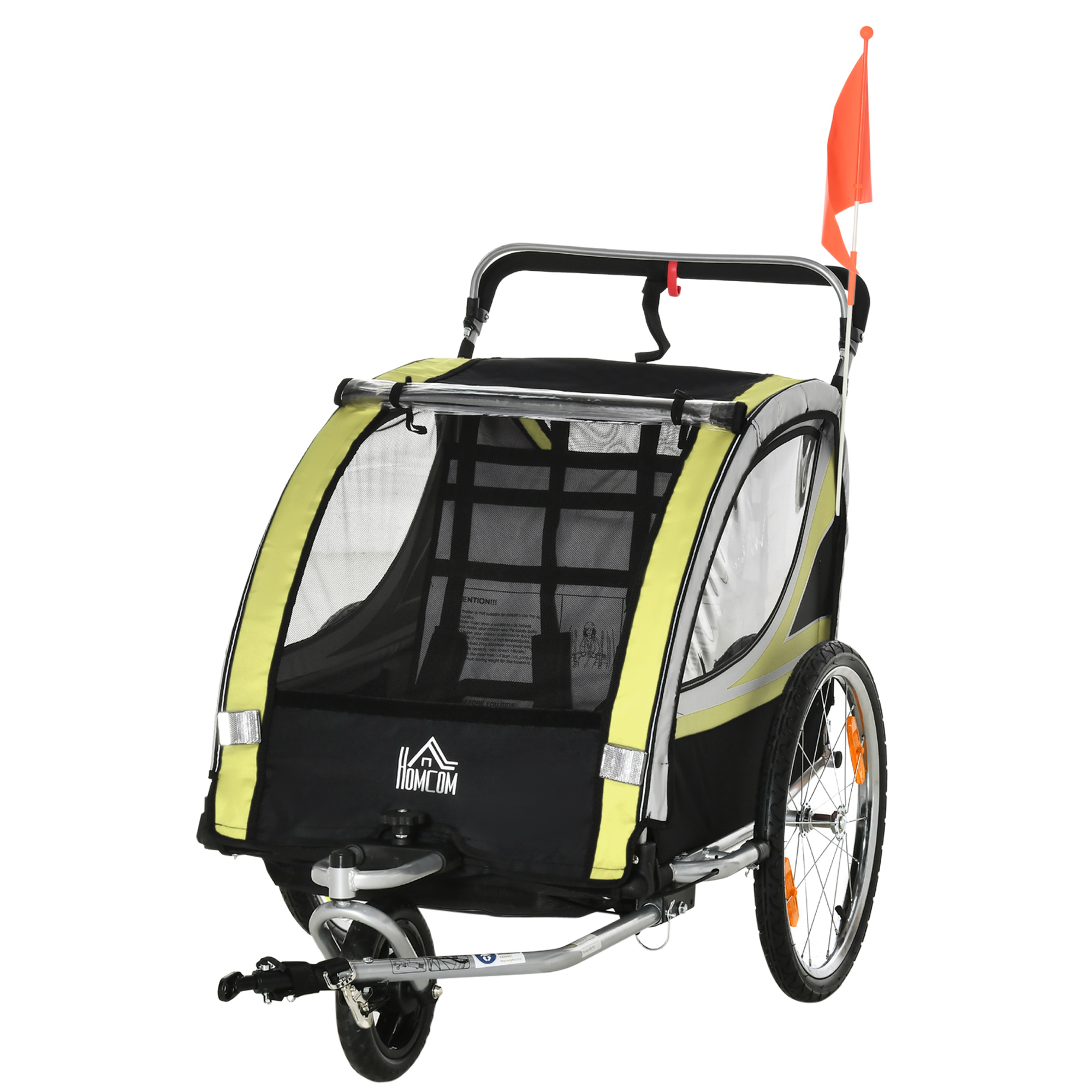 Laste jalgrattahaagis 2 ühes vedrustus võrgust uks 360° pöörlev esiratas pidur kollane+must 142x75x101cm| Aosom