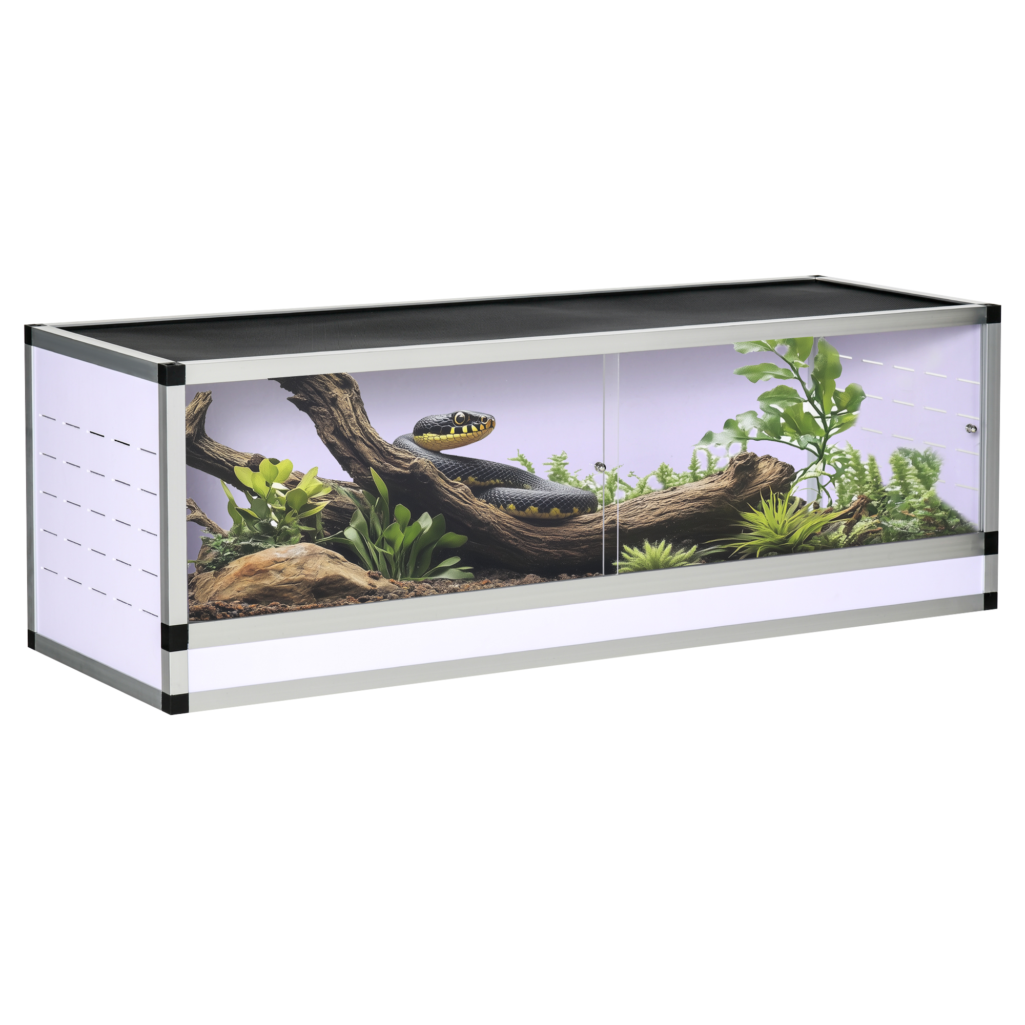 Alumīnija terārijs rāpuļiem, abiniekiem un zirnekļveidīgajiem; rāpuļu vairošanās kaste; sieta terārijs; balts, sudrabains un melns; 120 x 40 x 40 cm