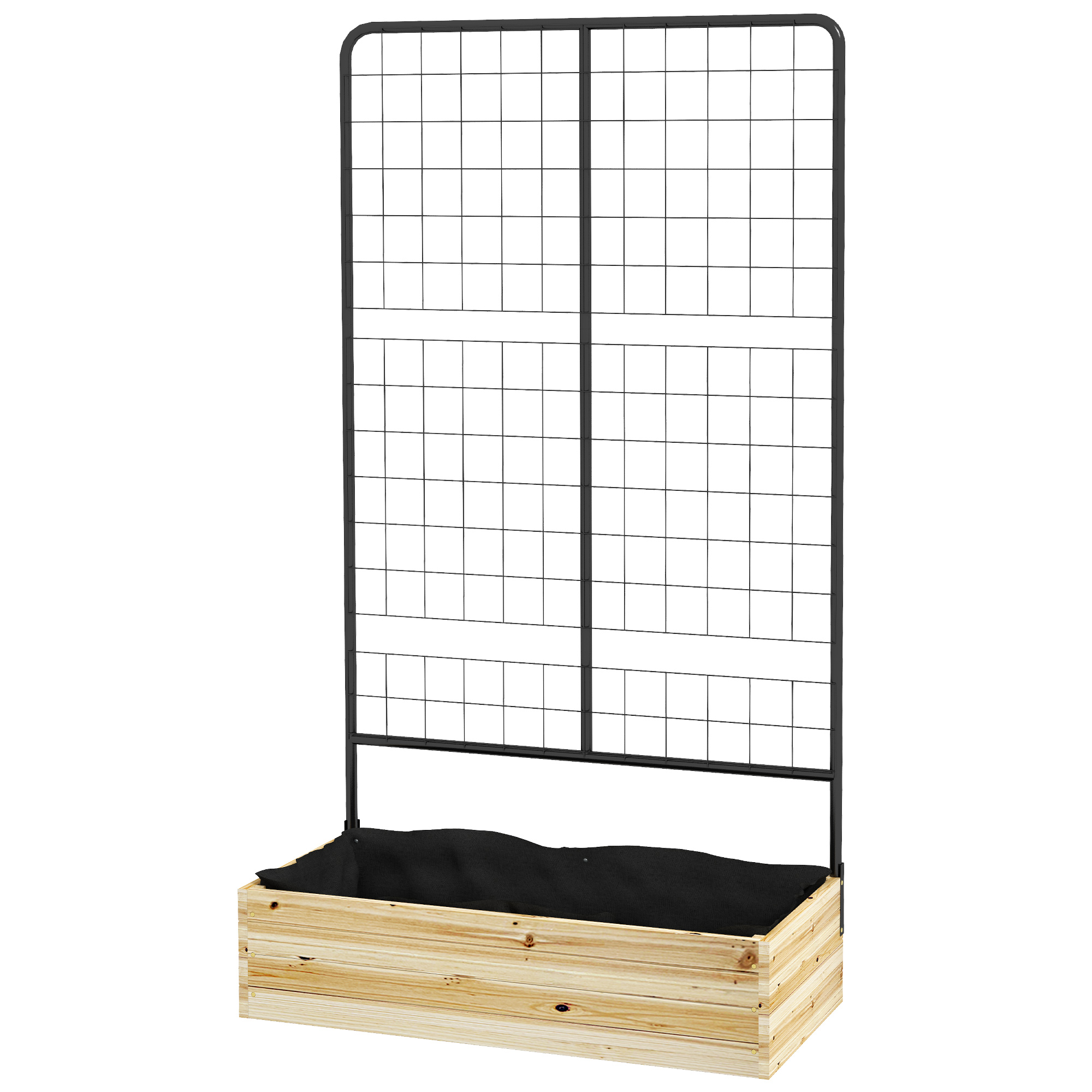 Paaugstināta dārza dobe ar režģi, flīsa odere, dabīgs koks, tērauds, 80x38x145 cm, melna