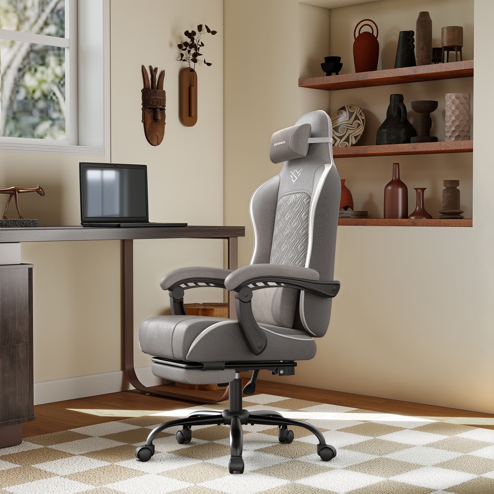 Ergonomisks spēļu krēsls ar kāju balstu un atsperu spilvenu