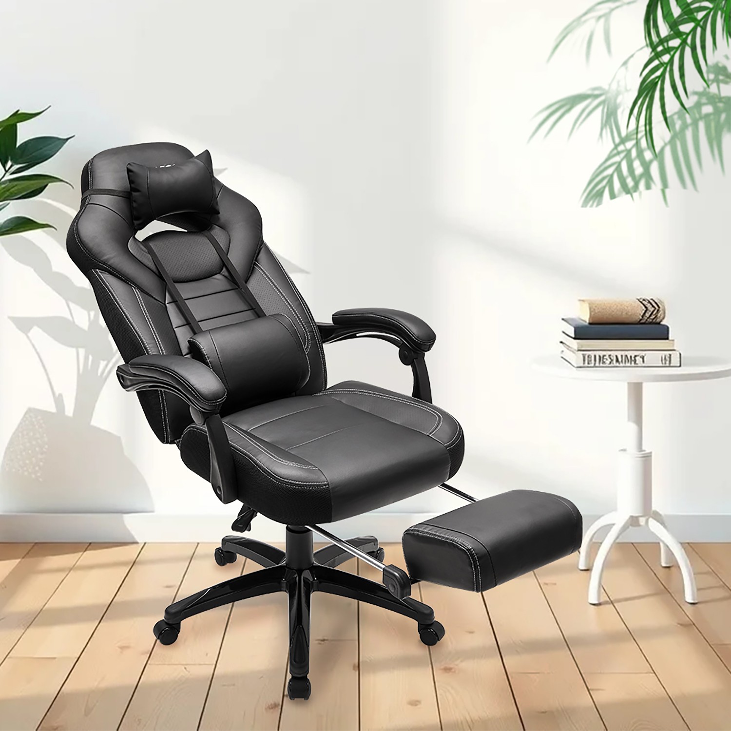 Ergonomisks spēļu krēsls ar kāju balstu, biroja lietošanai, ar regulējamu galvu un jostasvietas spilvenu