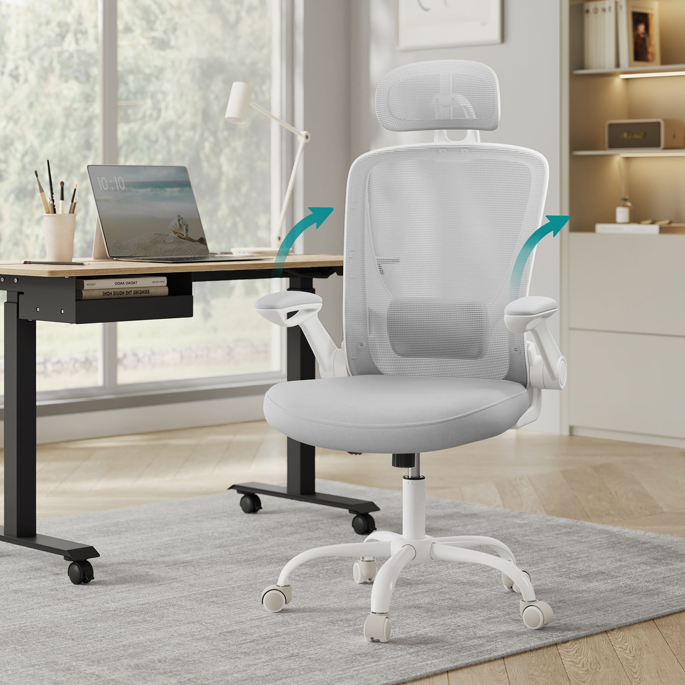 Ergonomisks sieta biroja krēsls ar galvas balstu, baložu pelēks