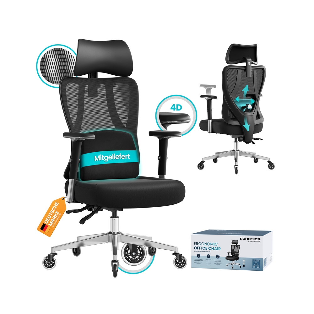 Ergonomisks biroja krēsls ar regulējamu balstu, melns