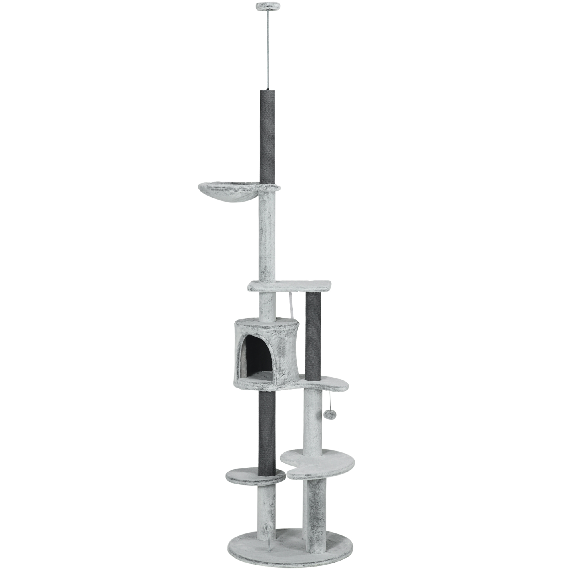 Kaķu māja ar griestu spriegotāju, šūpuļtīkls, mājiņa, platformas, rotaļu bumba, 225-255 cm, pelēka