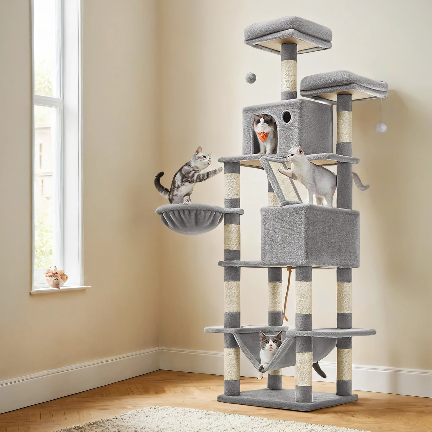 Kaķu koks, 206 cm augsts, ar 13 skrāpējumiem