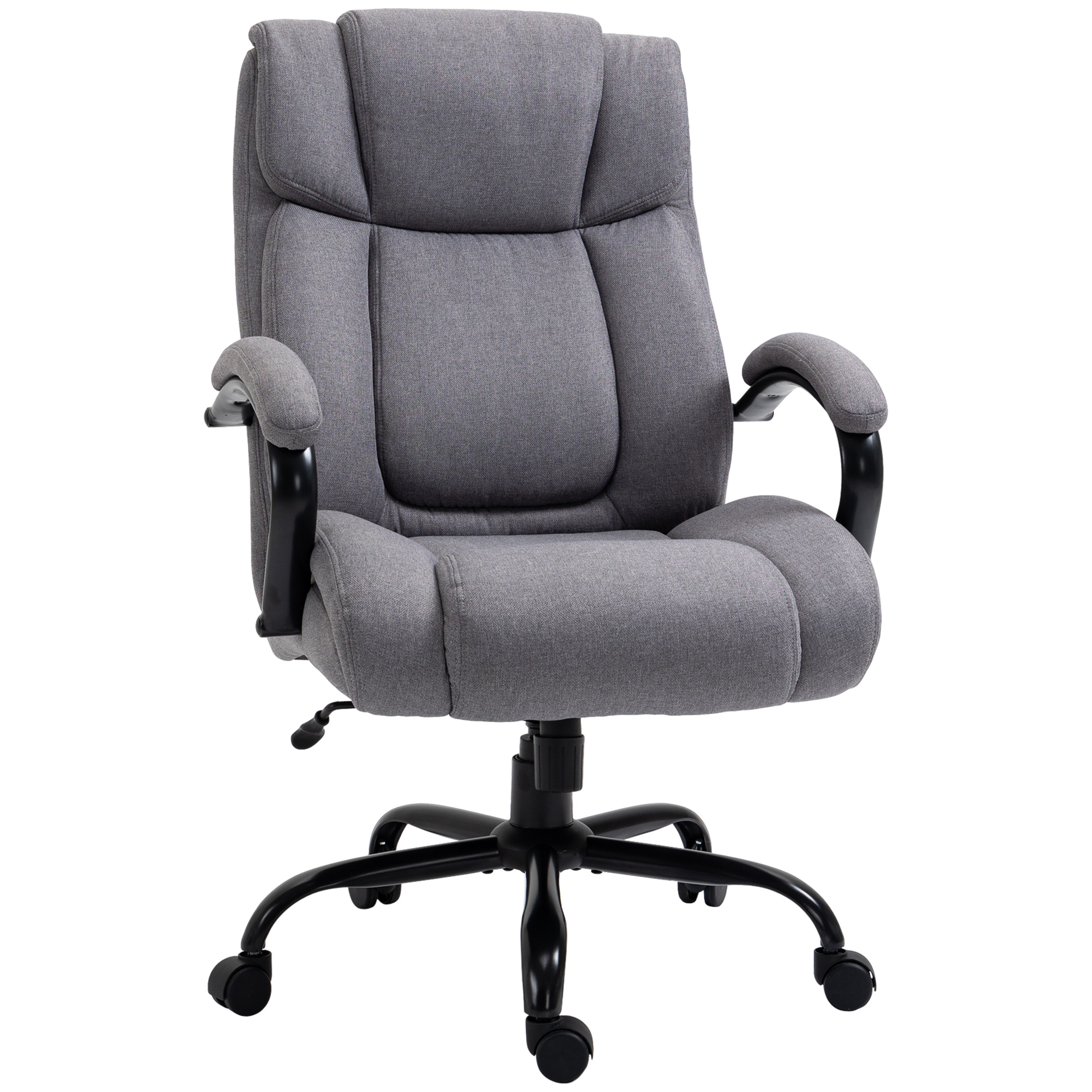 Biroja krēsls, ergonomisks vadītāja krēsls, celtspēja līdz 220 kg, polsterēts rakstāmgalda krēsls ar roku balstiem, plats sēdeklis, augstumā regulējams grozāmais krēsls ar šūpošanās funkciju, lina imitācija, gaiši pelēks