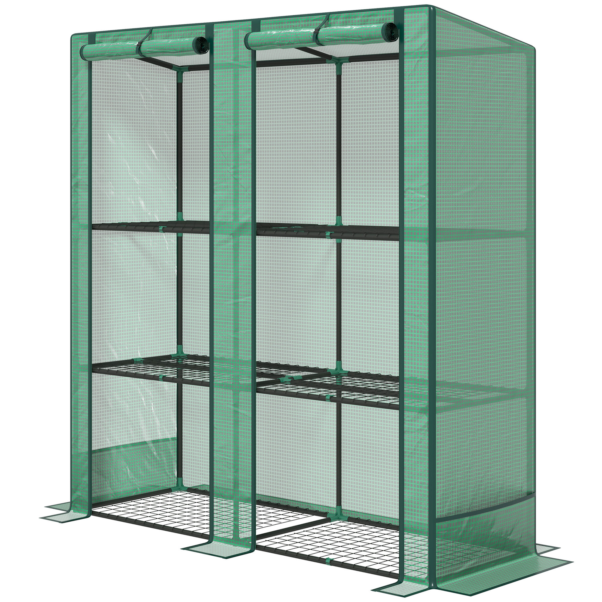 Mini siltumnīca ar 3 līmeņu plauktu, plastmasas pārsegu, UV staru izturīgu, pārnēsājamu, ruļļveida durvīm, 144 x 48 x 152 cm, zaļa