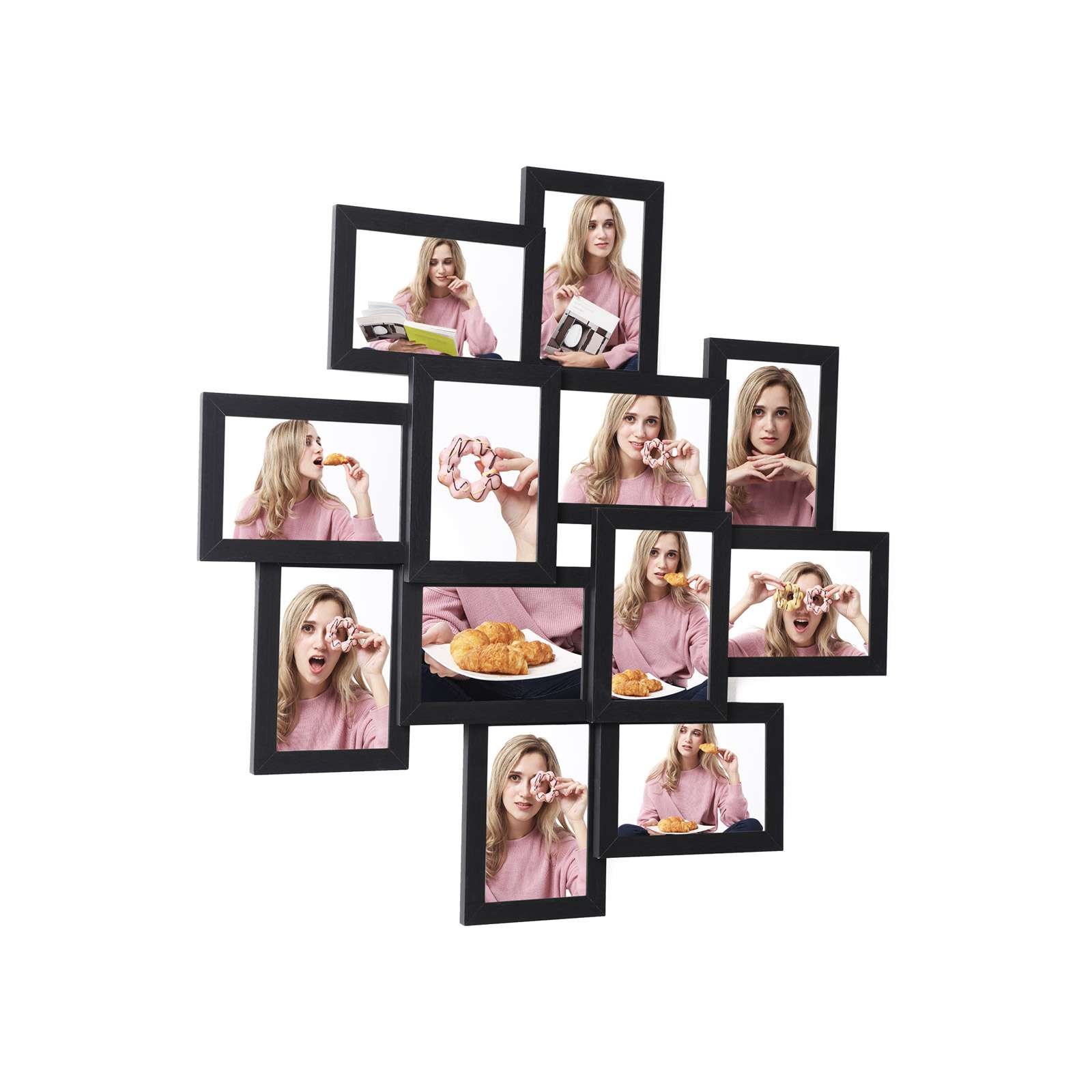 Attēlu rāmja kolāža 12 fotoattēli melnā krāsā