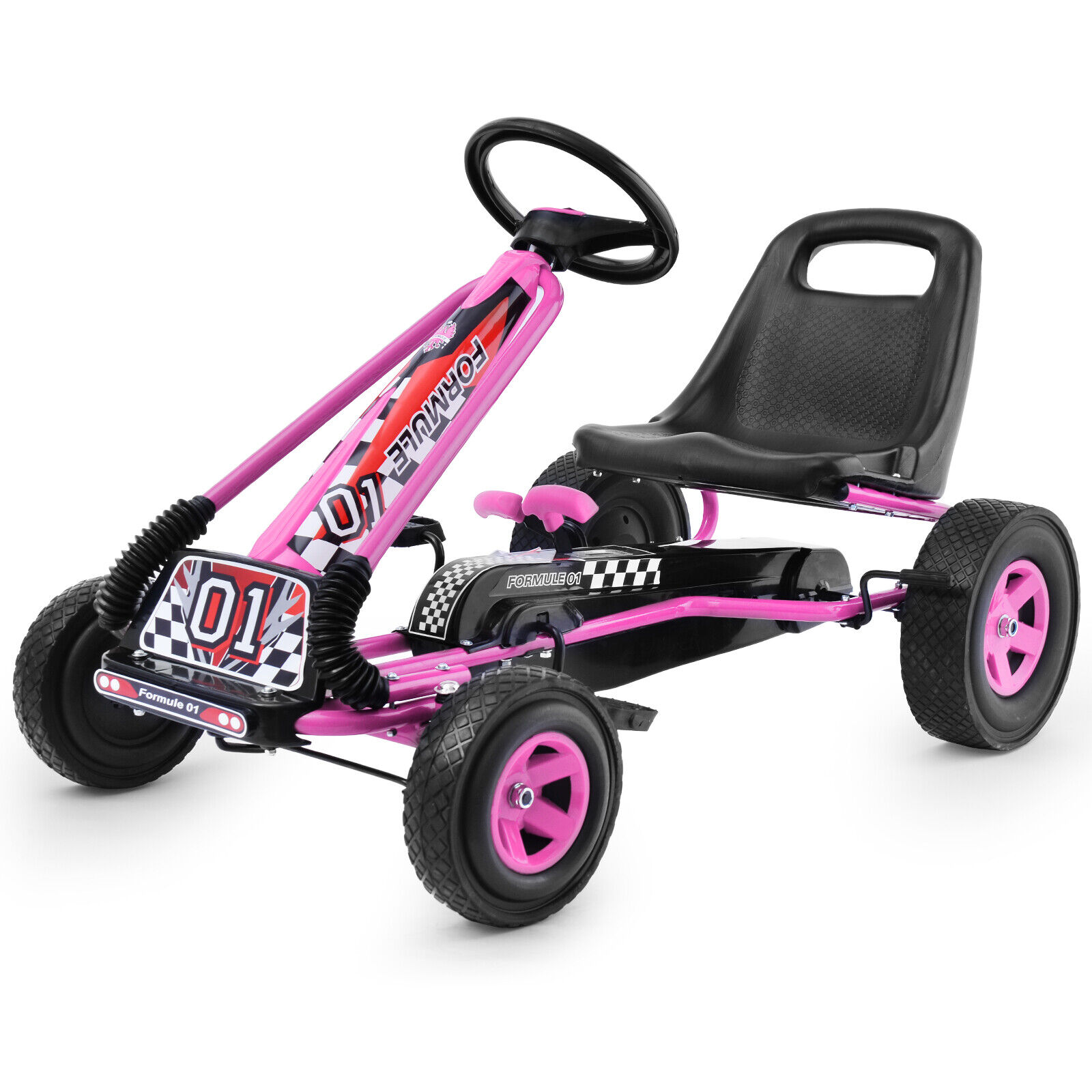 Kett-ülekandega pedaalidega gokart, käsipiduri ja reguleeritava istmega laste auto (98 x 59 x 61 cm), roosa