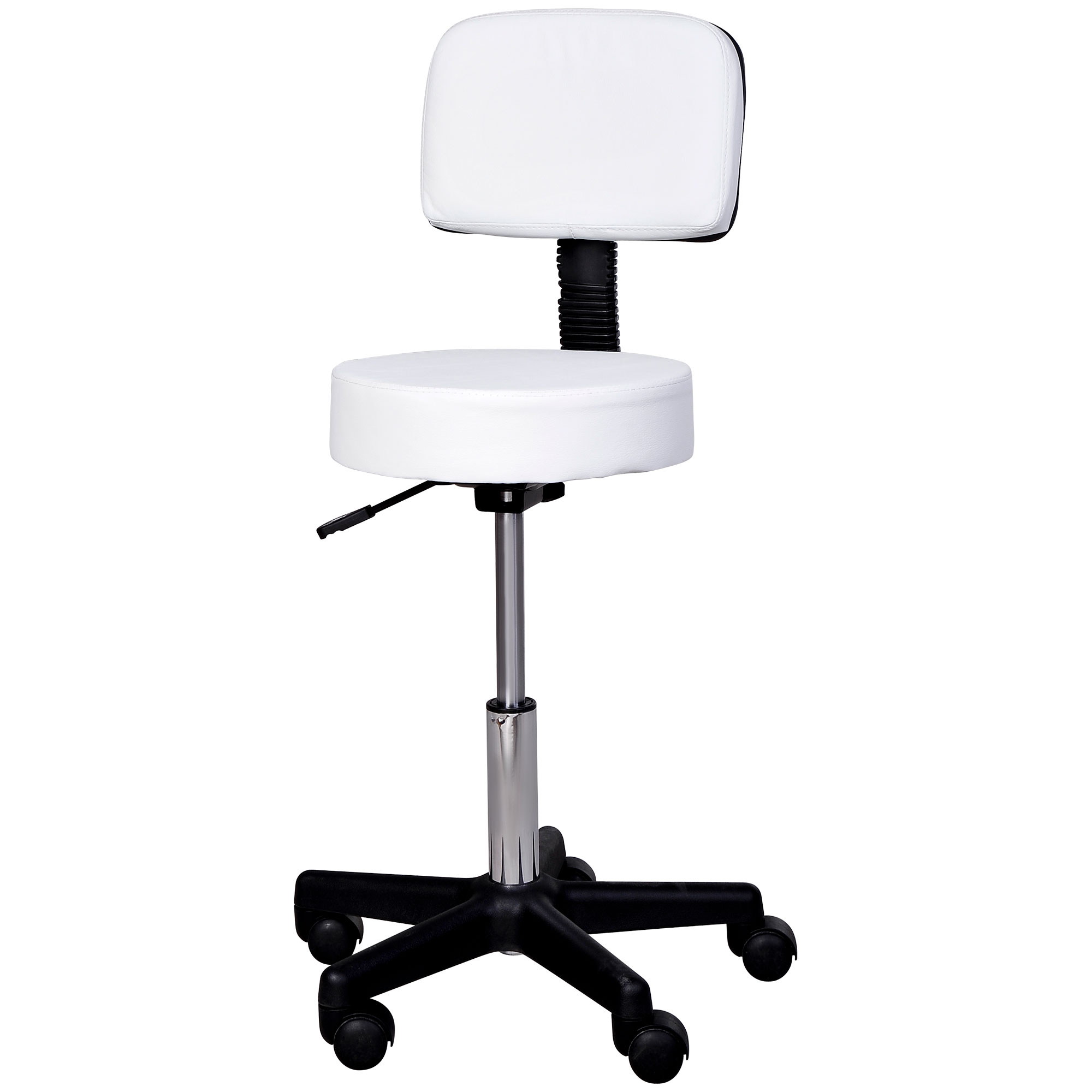 Augstumā regulējams ritošais krēsls ar atzveltni, grozāms krēsls 72-84 cm, 360° grozāms darba krēsls, biroja krēsls birojam, salonam, masāžai, spa, balts