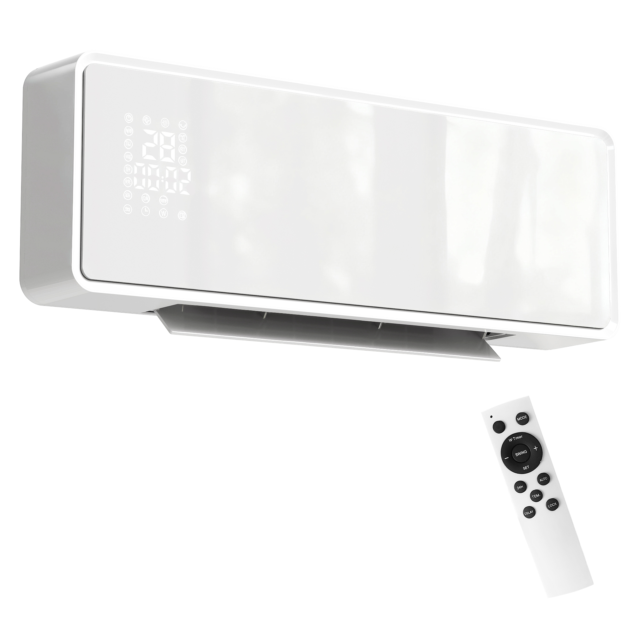 Sienas 2000 W keramikas elektriskais sildītājs, ventilators, termostats, taimeris, tālvadības pults, stikla panelis, balts