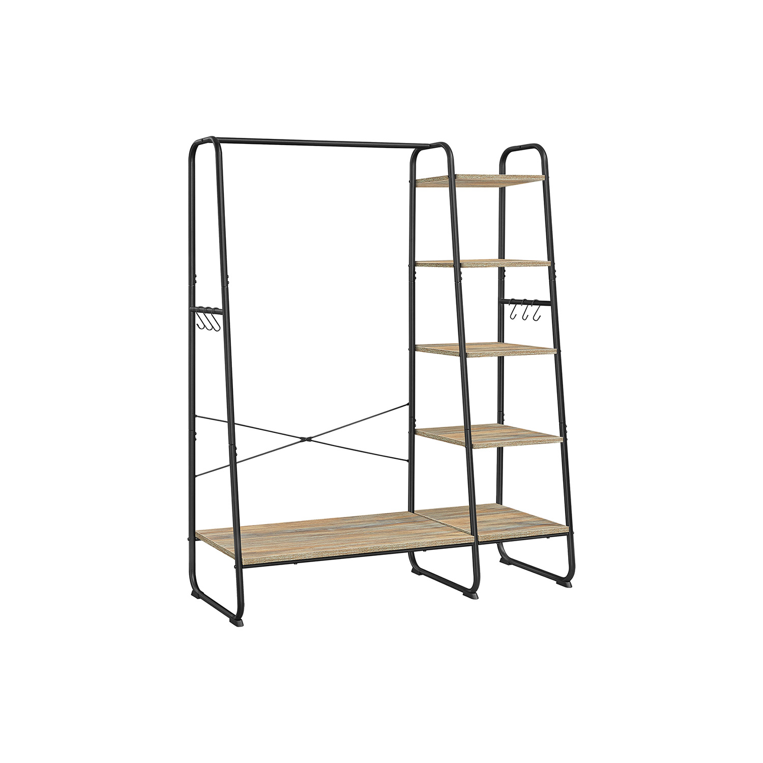 Riidenagi ja garderoobistange 5 tasandit kingariiuli ja 6 konksuga 45 x 120 x 160 cm tööstuslik disain