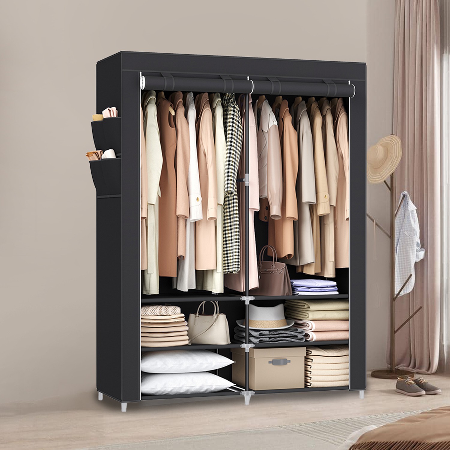 Riidest riidekapp garderoob 2 riputusosa ja riiulitega 4 külgtaskut 45 x 127 x 176 cm