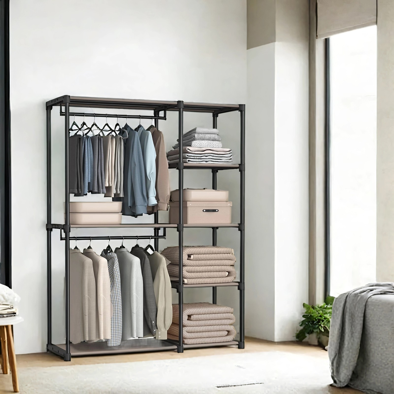 Atvērts skapis ar koka caurulēm, 43 x 124 x 182 cm, taupe