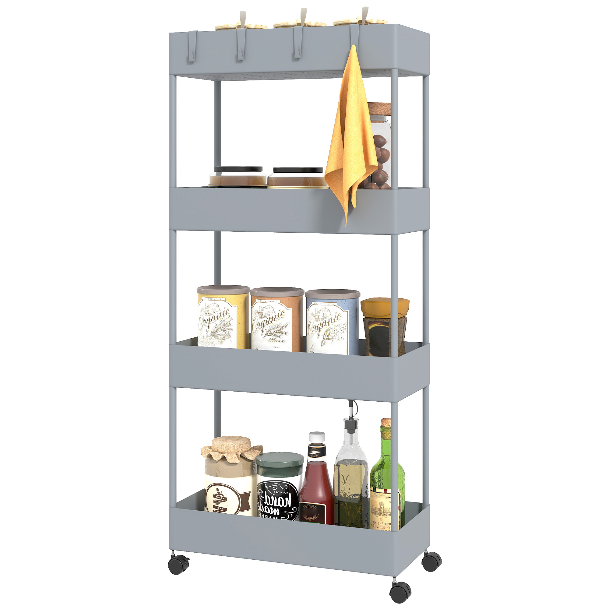Virtuves ratiņi ar 4 plauktiem, 4 elastīgiem āķiem, 4 riteņiem, 40 cm x 19 cm x 90 cm, nišas ratiņi, pelēki