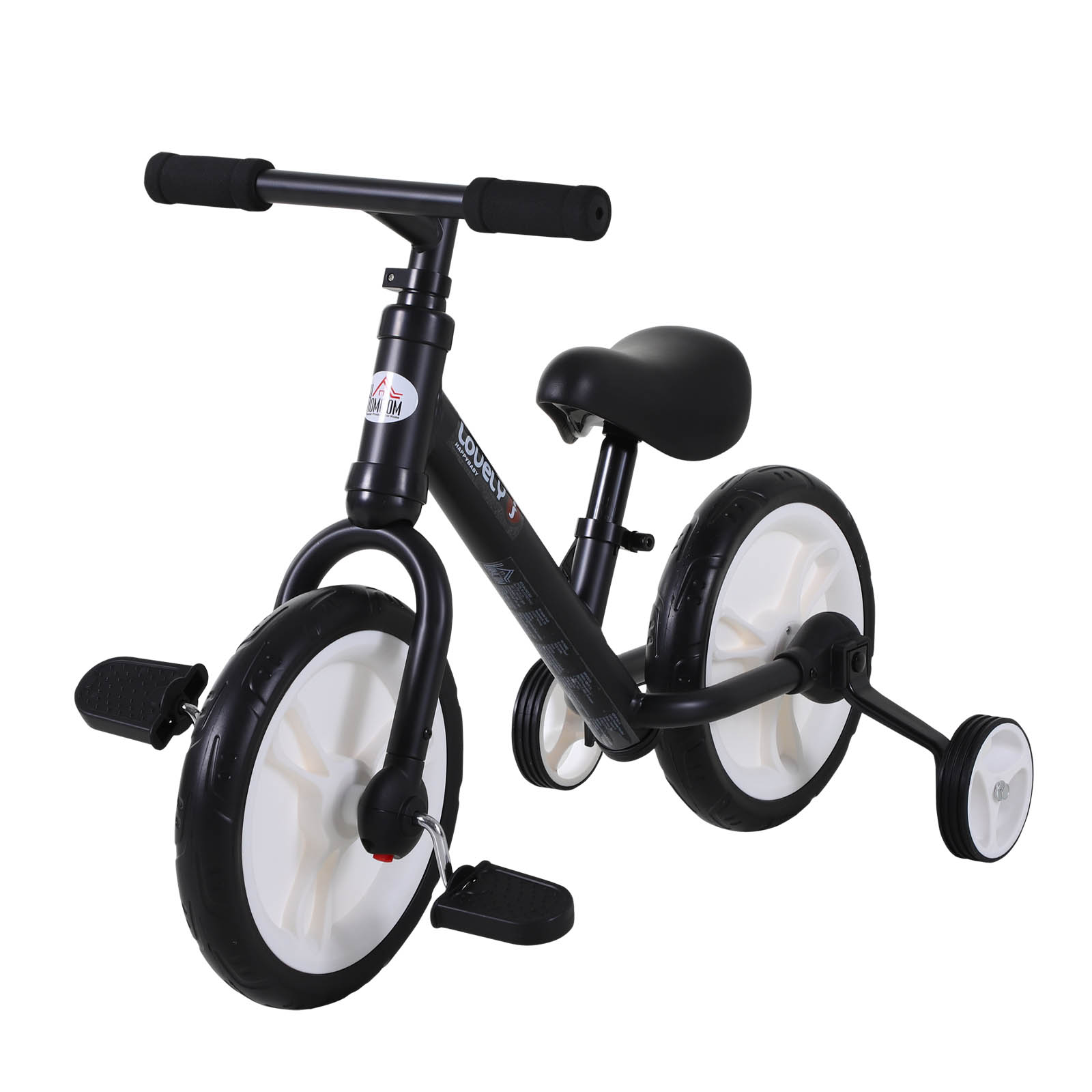 Bērnu līdzsvara velosipēds 2–5 gadu vecumam ar treniņriteņiem, pedāļiem, regulējamu sēdekli, rotaļu līdzsvara velosipēds mazuļiem, dāvana pirmajā dzimšanas dienā, melns